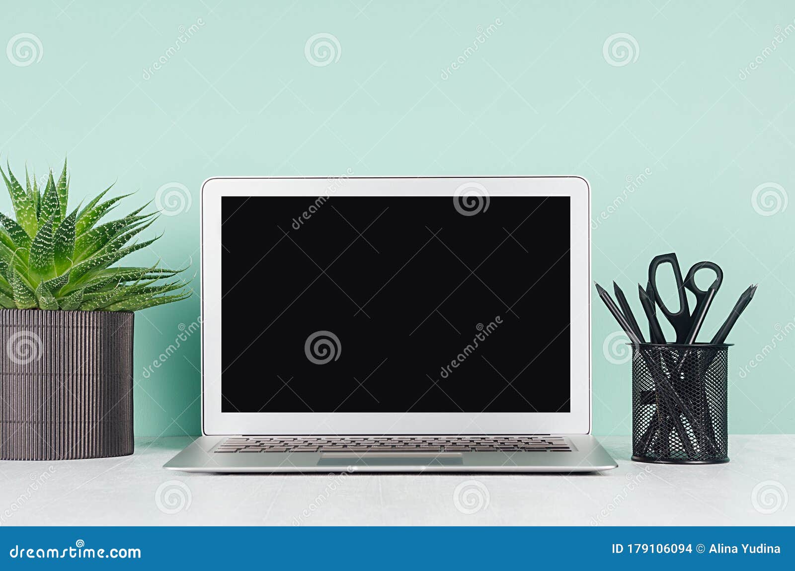 Elegant Spring Home Workplace with Blank Notebook Screen, Black