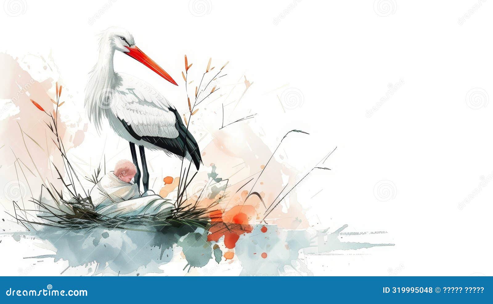 elegant stork with baby bundle, minimalistic drawing, bright white background 