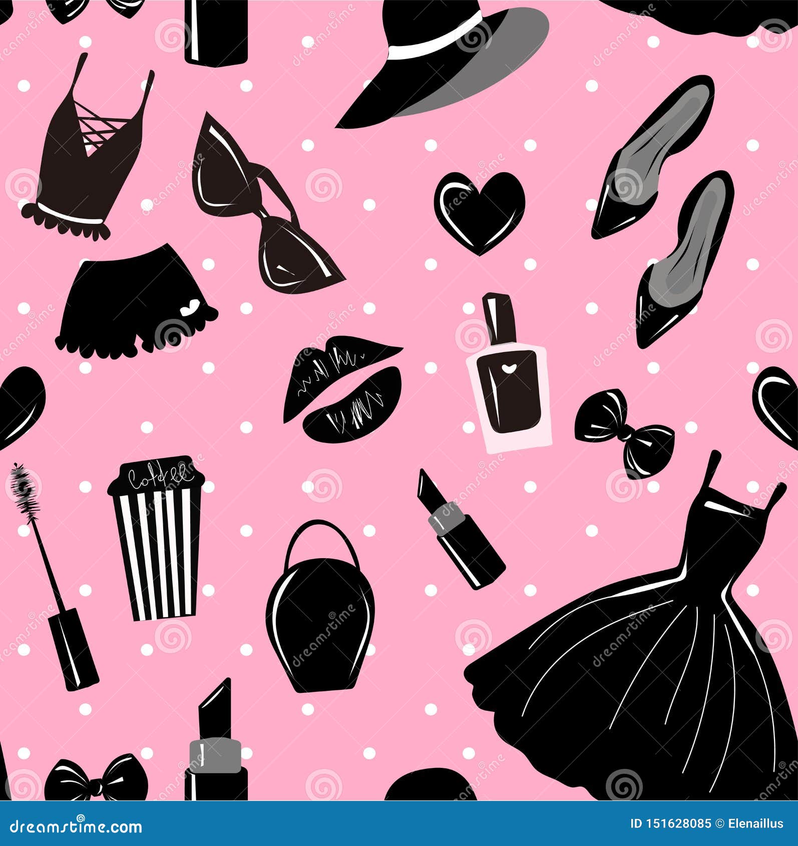 hand drawn seamless graphic pink pattern of girl stuff woman things fashion  vector object. Lady accessories background 21686716 Vector Art at Vecteezy