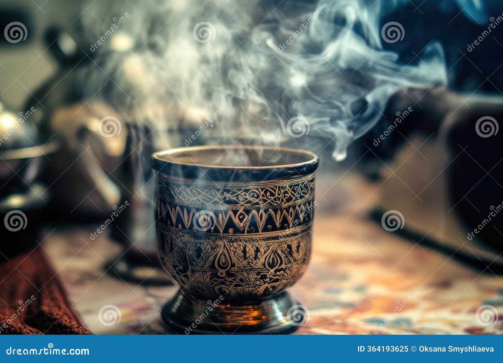 elegant vintage coffee cup with intricate patterns and aromatic steam