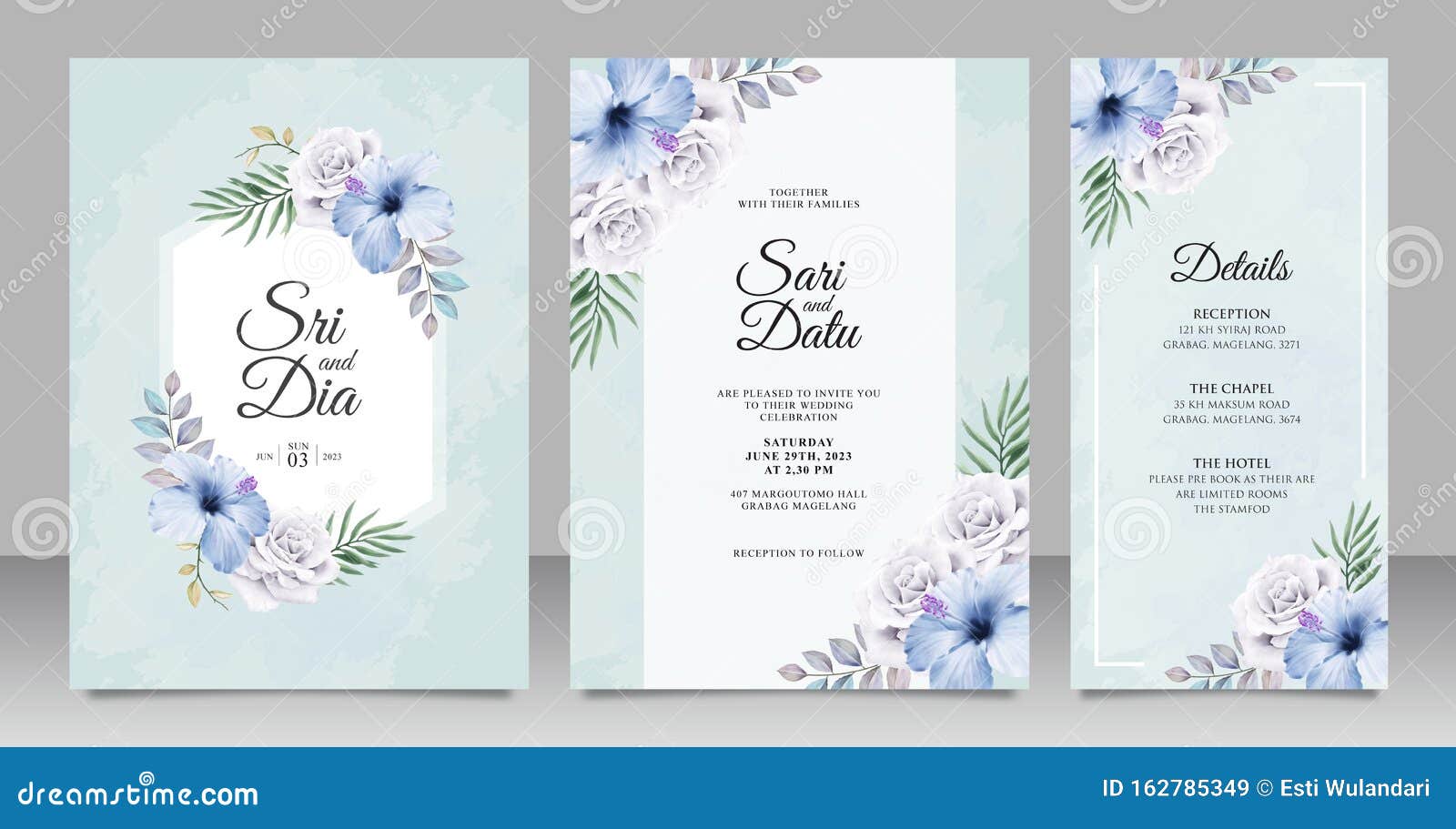 Elegant Wedding Invitation Card Set Template with Beautiful Floral on Blue  Background Stock Vector - Illustration of blue, color: 162785349