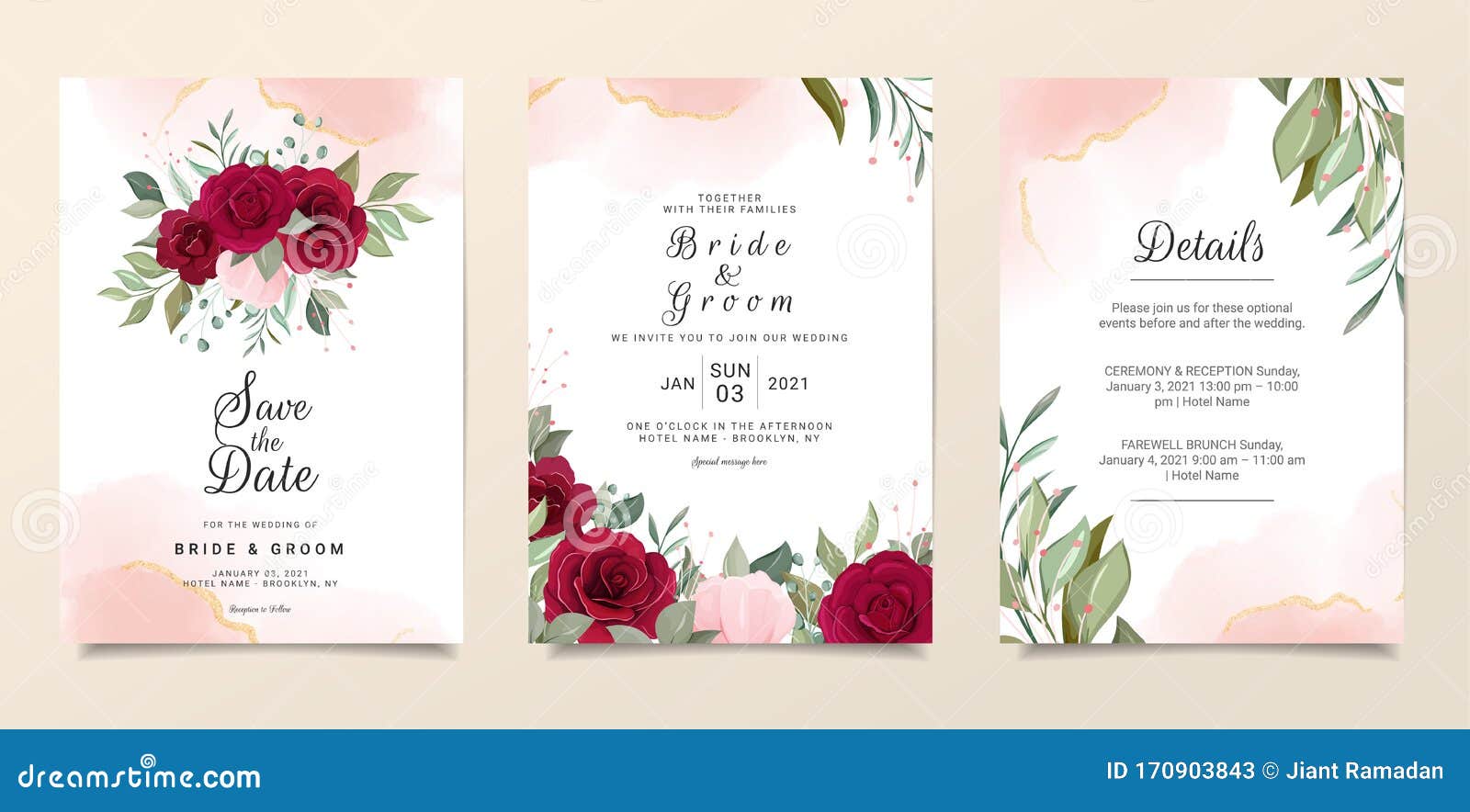 Elegant Wedding Invitation Card Template Set with Floral Frame and Fluid  Background. Roses and Leaves Botanic Illustration for Stock Vector -  Illustration of floral, design: 170903843