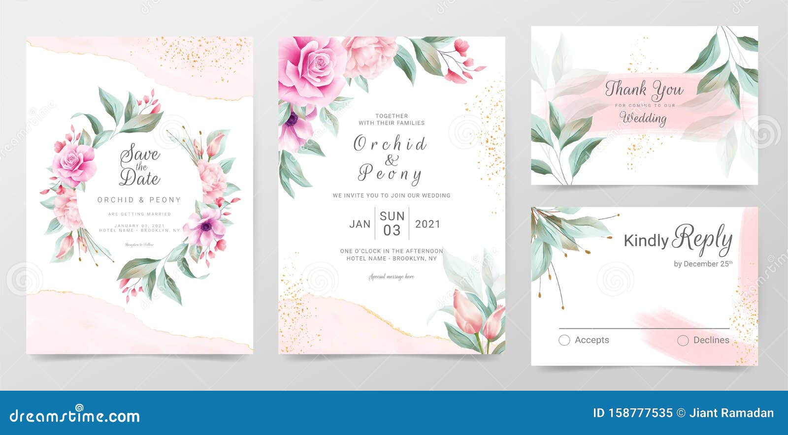 elegant wedding invitation cards template with watercolor floral decoration. floral frame and golden watercolor textured