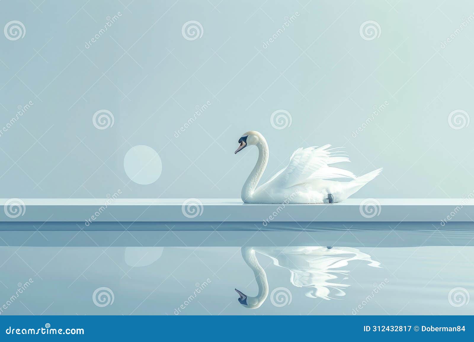 elegant white swan gliding on a serene blue lake with a minimalist backdrop