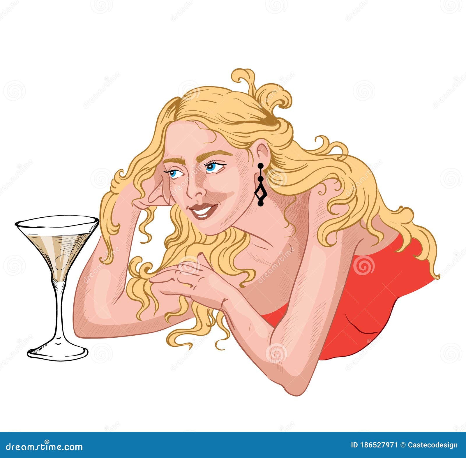 Elegant Woman With Blonde Messy Hair Laying Near A Glass Of Martini