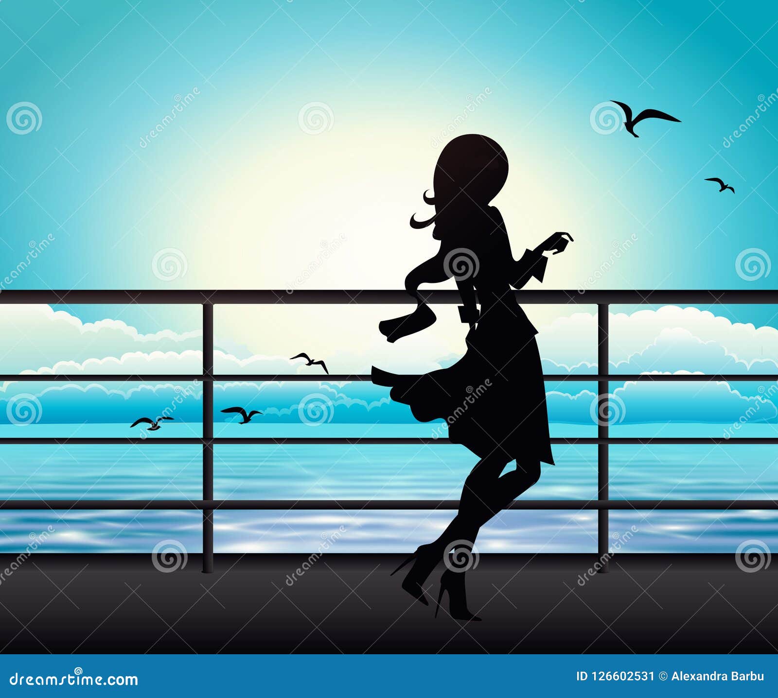elegant woman silhouette on a ferry boat