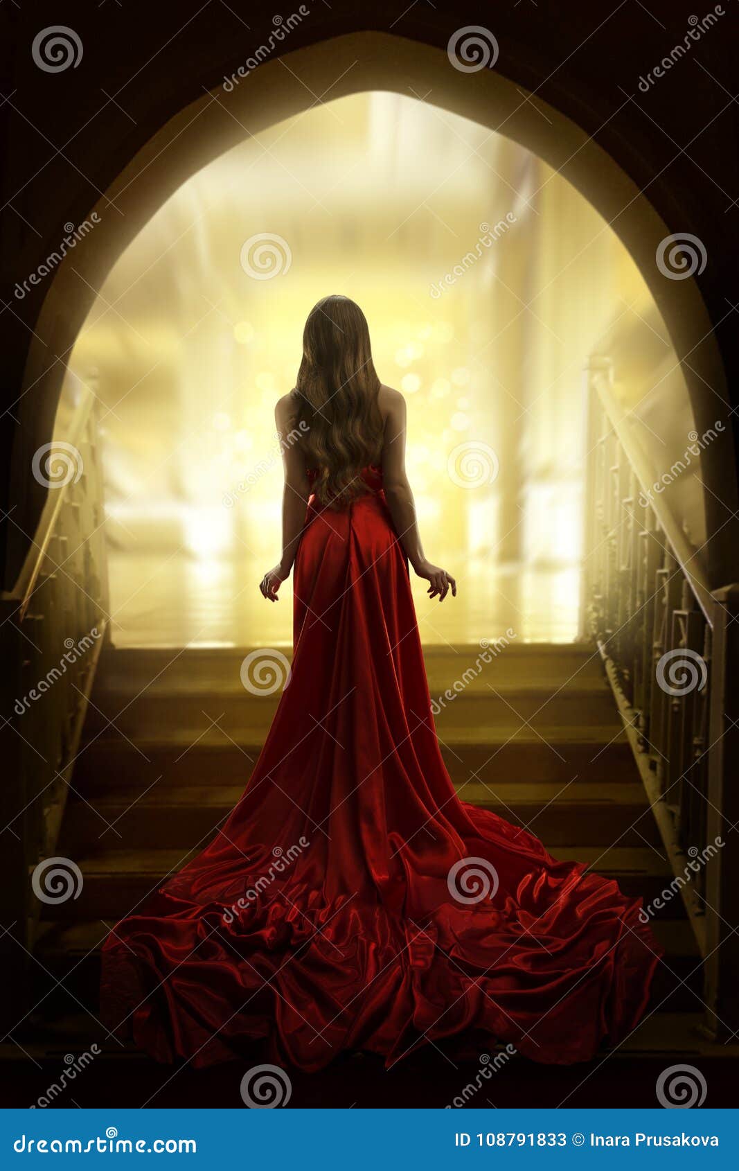 elegant woman silhouette in long red gown, lady back rear view