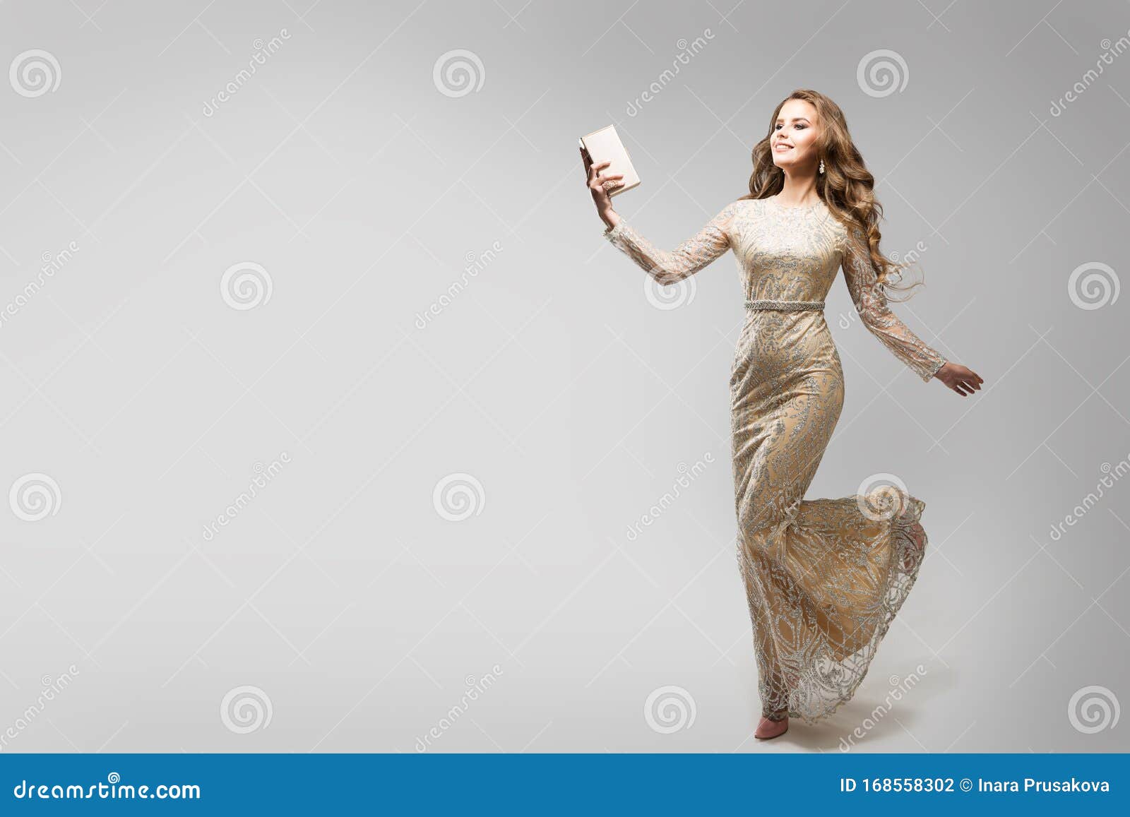 Elegant Woman Sparkling Lace Dress, Happy Running Fashion Model in  Beautiful Gown, Beauty Studio Portrait Stock Photo - Image of female, cute:  168558302