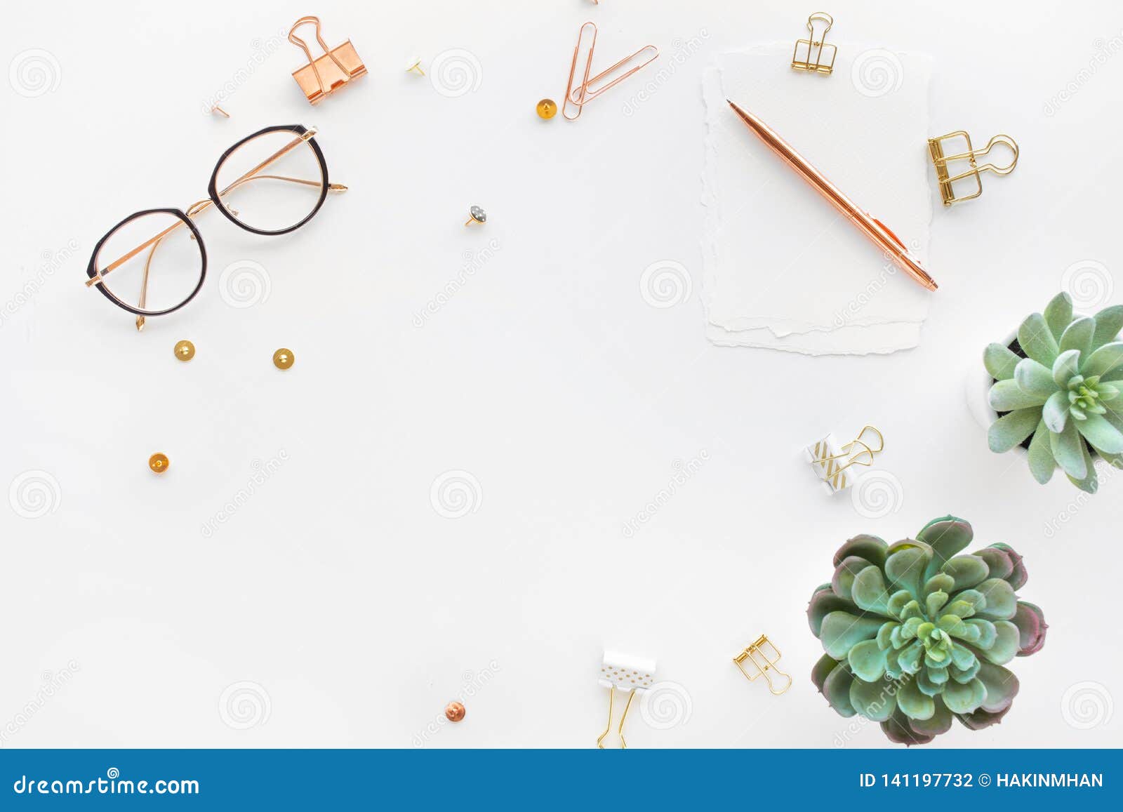 Elegant Work Table with Business Accessories on Withe Background.luxury Feminism Style Stock