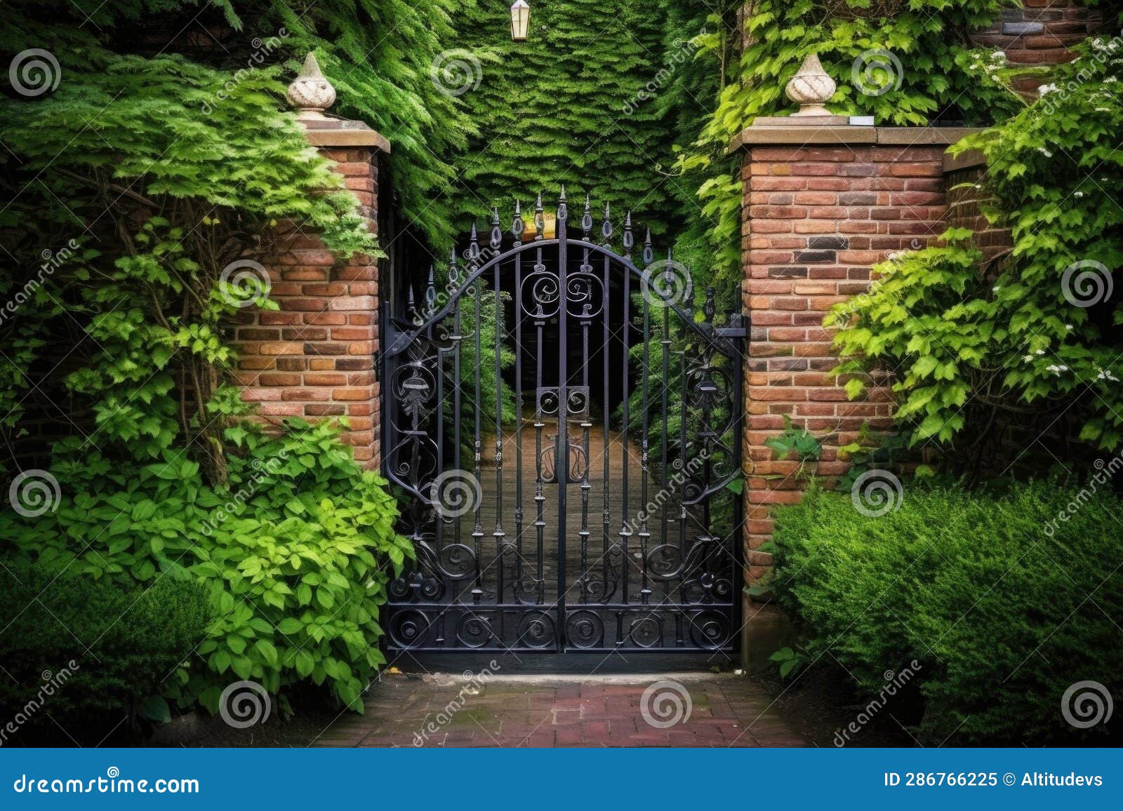 Elegant Wrought Iron Gate in Front of Classic Brick Wall Stock Image