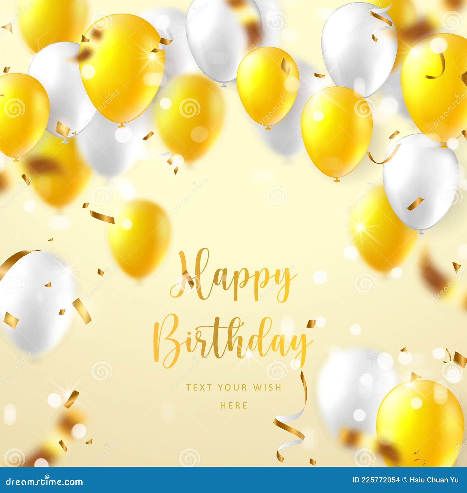 Elegant Yellow White Ballon and Party Popper Ribbon Happy Birthday