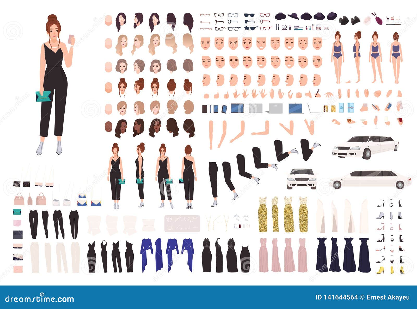 elegant young woman animation set or constructor kit. collection of body parts, gestures, postures, evening clothes