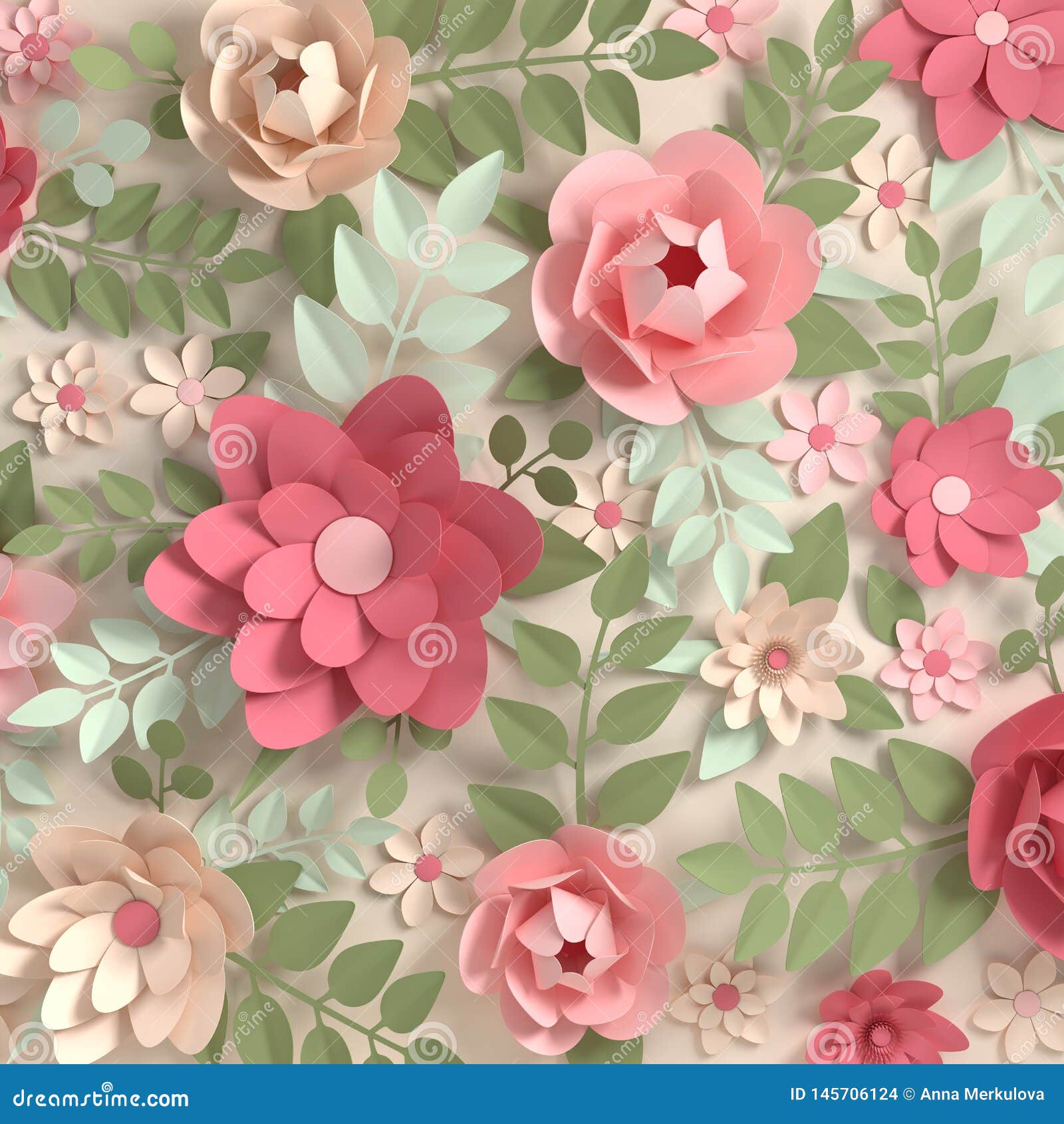 Elegante farbige Papierpastellblumen Valentinstag, Ostern, Muttertag, Hochzeitskarte, bl?hender Wandhintergrund 3d ?bertragen. Paper elegant pastel colored flowers. Valentine`s day, Easter, Mother`s day, wedding card, blooming wall background. 3d render digital spring or summer flowers illustration in paper art style