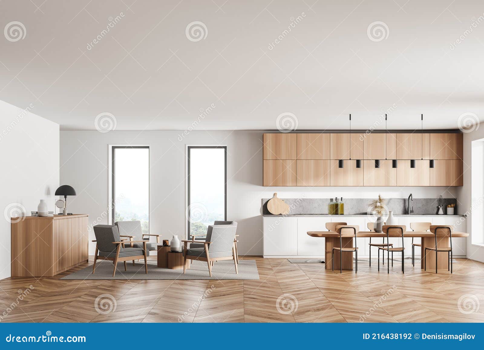 Mesa de madera y sillas altas en el centro de la luminosa cocina cálida de  moderno apartamento con electrodomésticos Fotografía de stock - Alamy