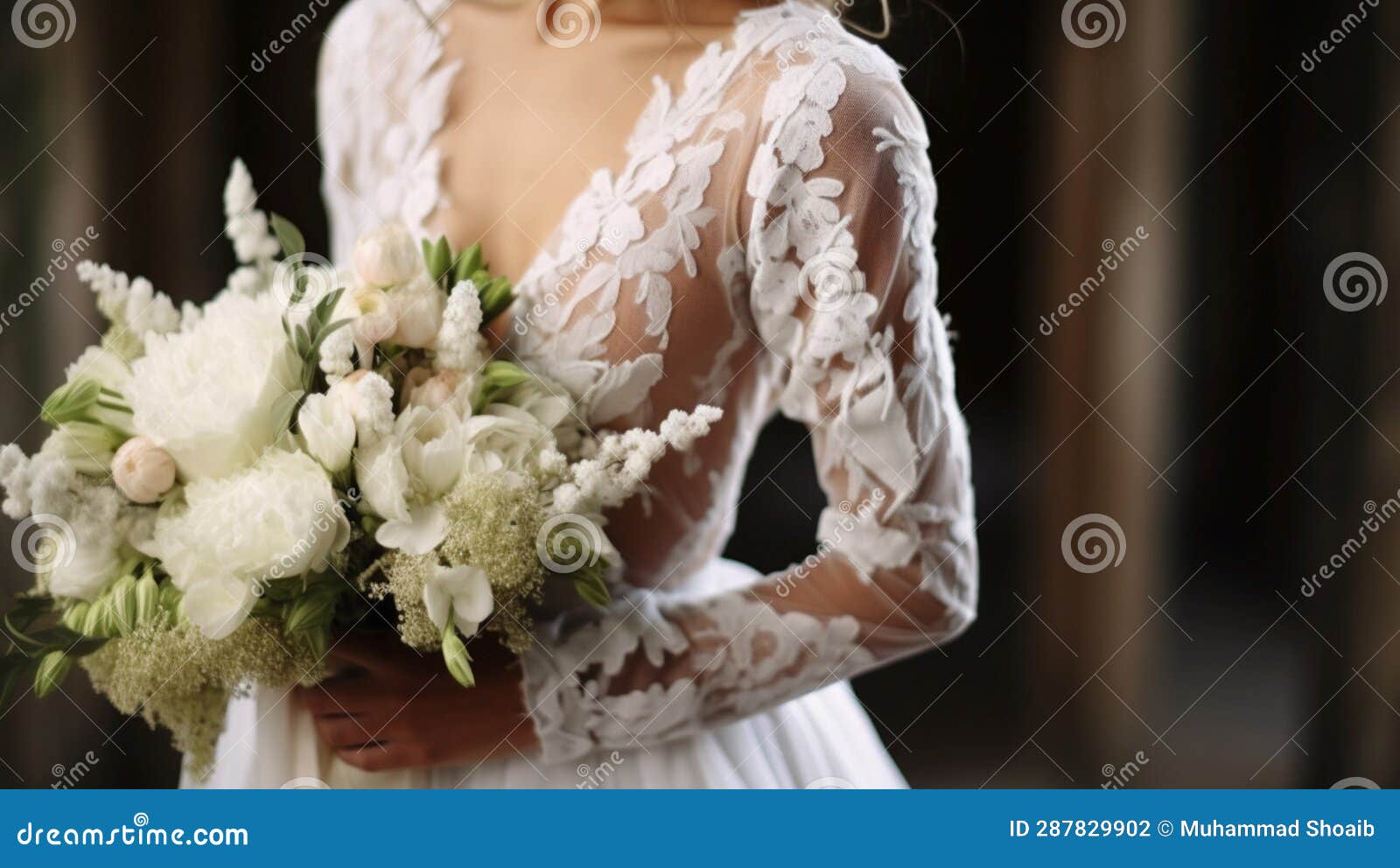elegantly attired bride embraces bouquet, her dress and details reflecting timeless love