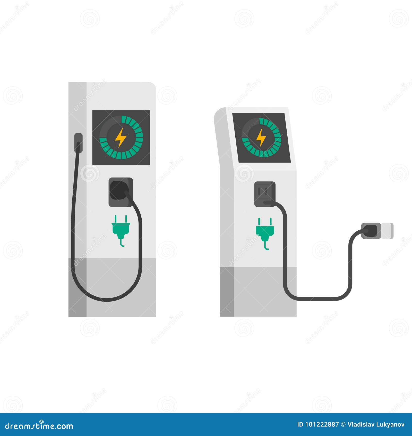 Elektroautoladegerät-Vektorillustration, Ladestation des flachen Karikaturelektro-mobils mit dem Drahtseil lokalisiert auf weißem Hintergrund