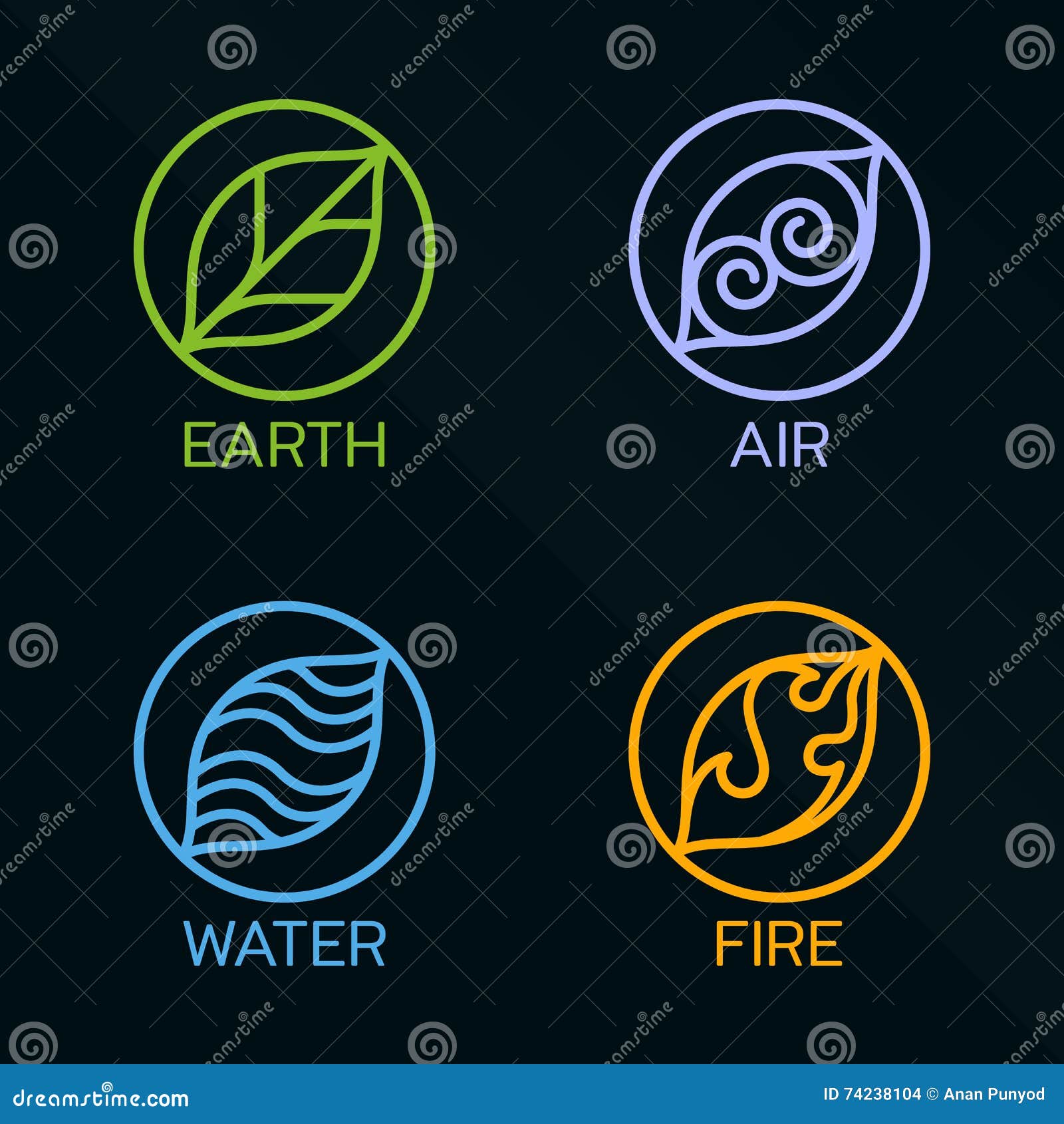Element Kreislinie Logozeichen Der Natur 4 Wasser Feuer Erde Luft Auf Dunklem Hintergrund Vektor Abbildung Illustration Von Erde Wasser