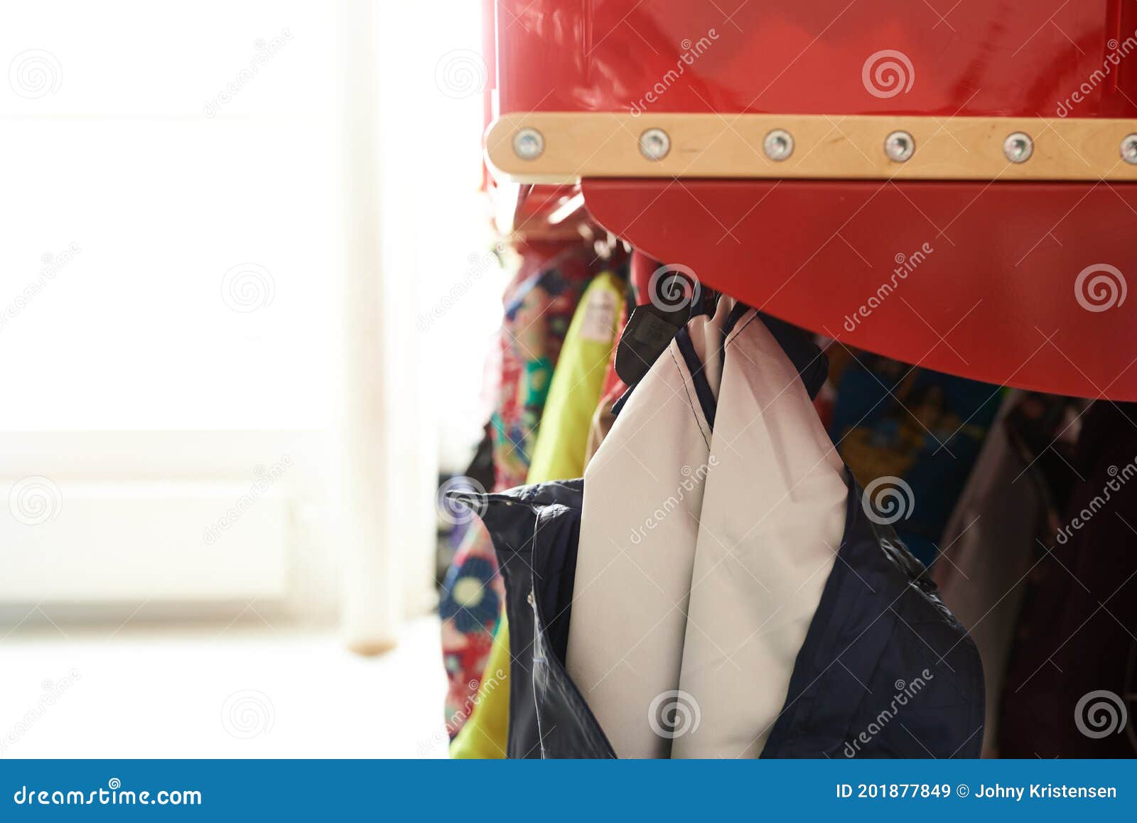 Elementary School Coat Rack with Colorful Clothes Stock Image Image