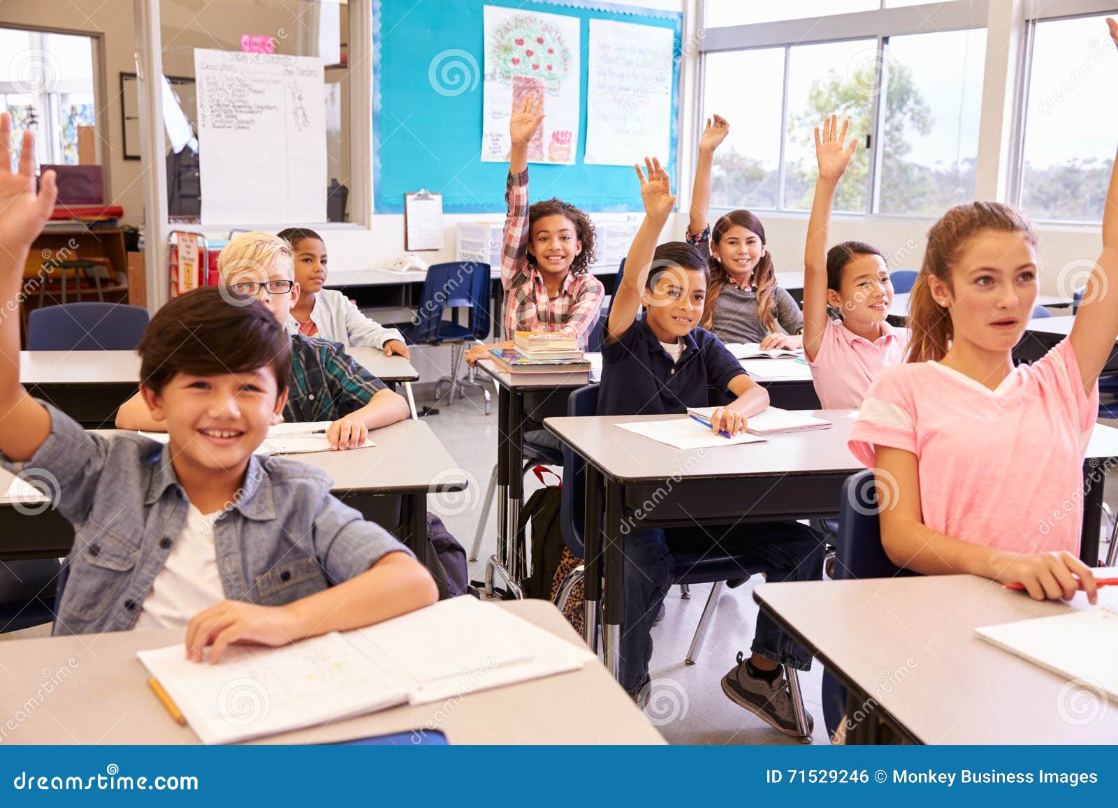 ary school kids in a classroom raising their hands