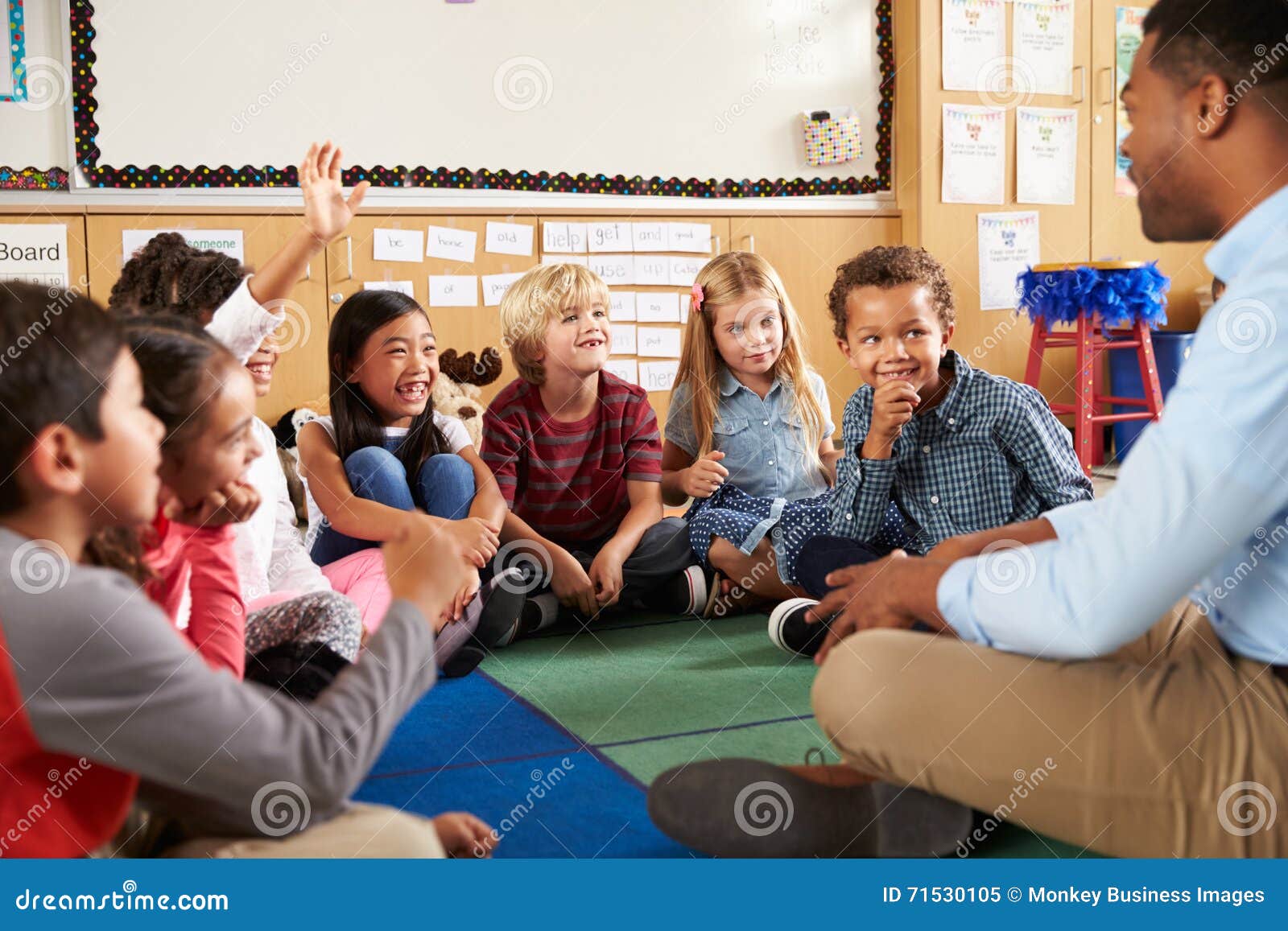 ary school kids and teacher sit cross legged on floor