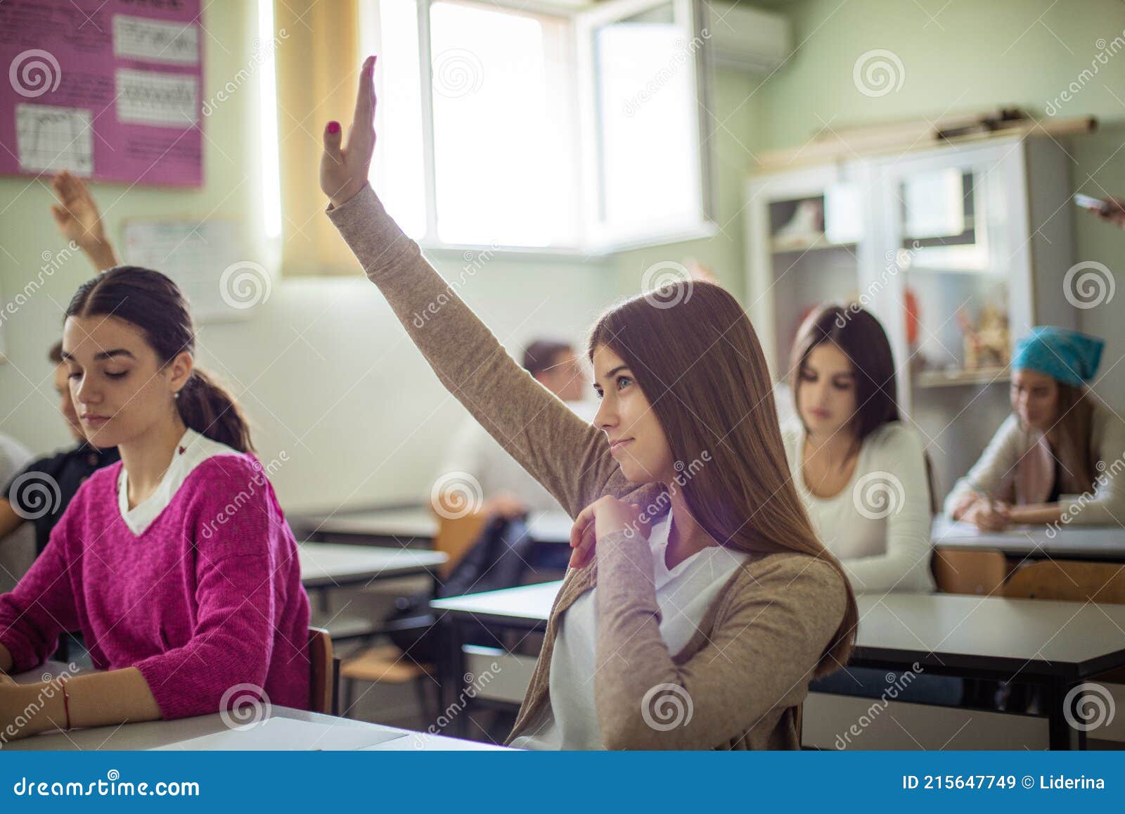 Young Elementary Students Raising Their Arms on a Class Stock Image
