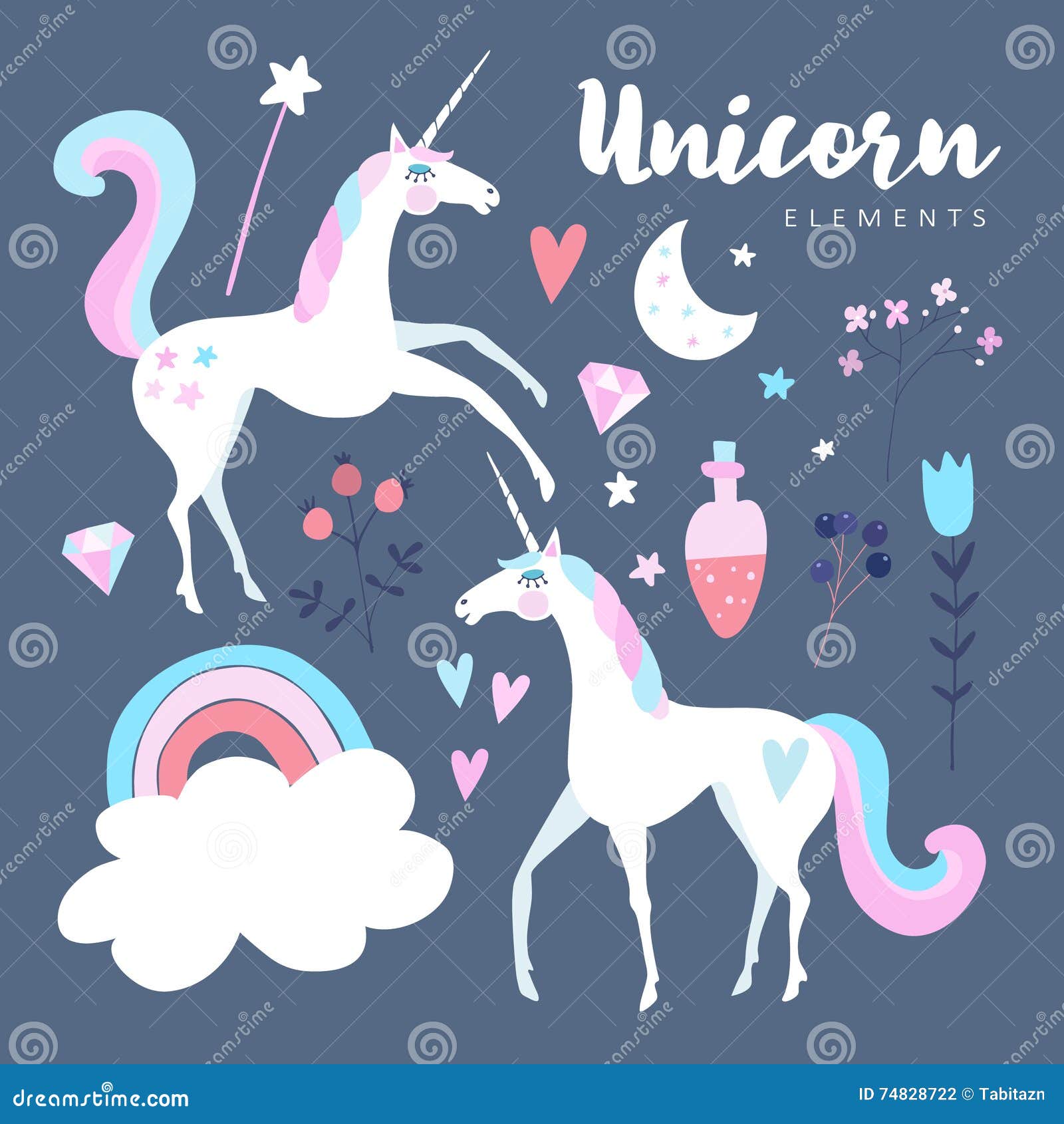 Elementi di favola Unicorno con l arcobaleno le stelle la nuvola la pozione magica ed i fiori