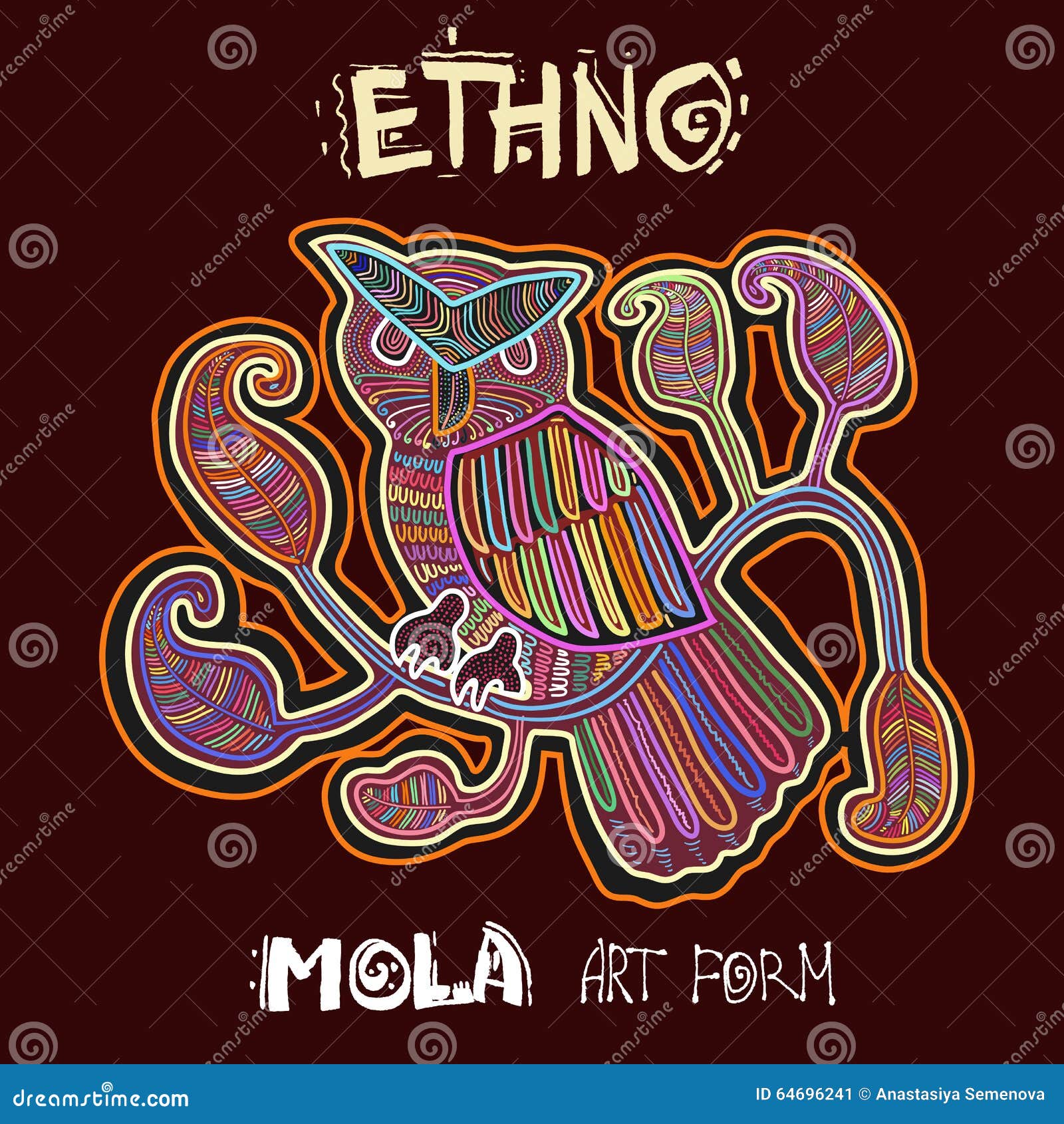 Elemento étnico del diseño del vector Ethno MOLA Art Form Mola Style Bird Ejemplo decorativo brillante de Ethno