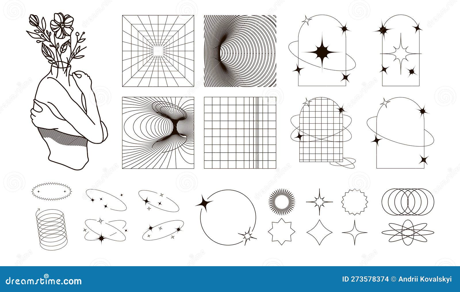 Coleção de símbolos geométricos gráficos abstratos e objetos no estilo y2k  elementos futuristas retrô