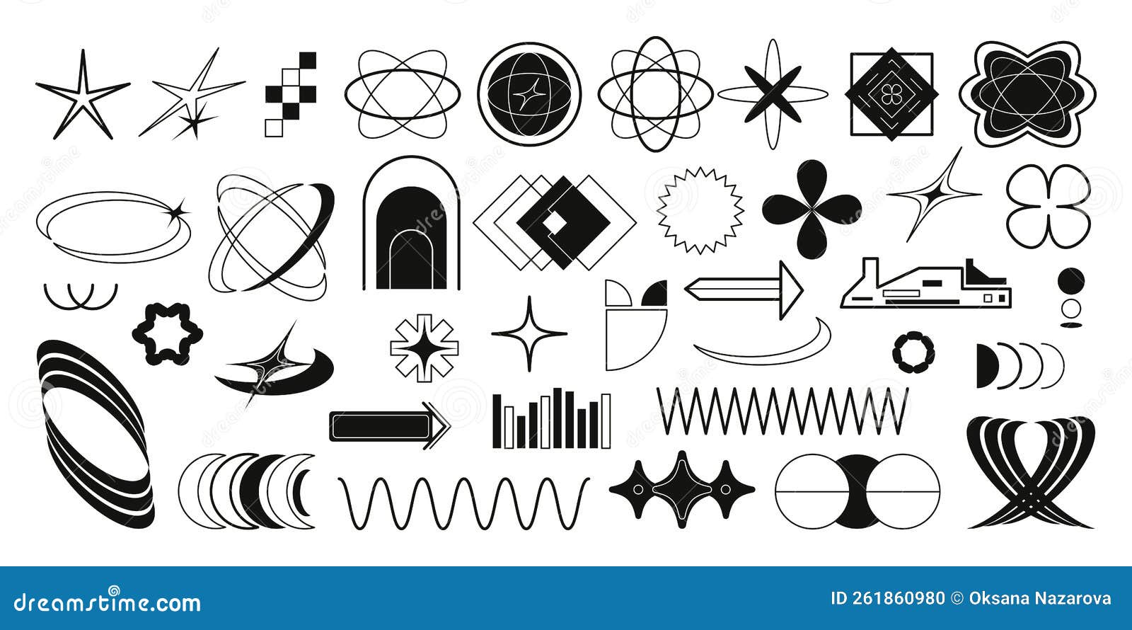 Coleção de símbolos geométricos gráficos abstratos e objetos no estilo y2k  elementos futuristas retrô
