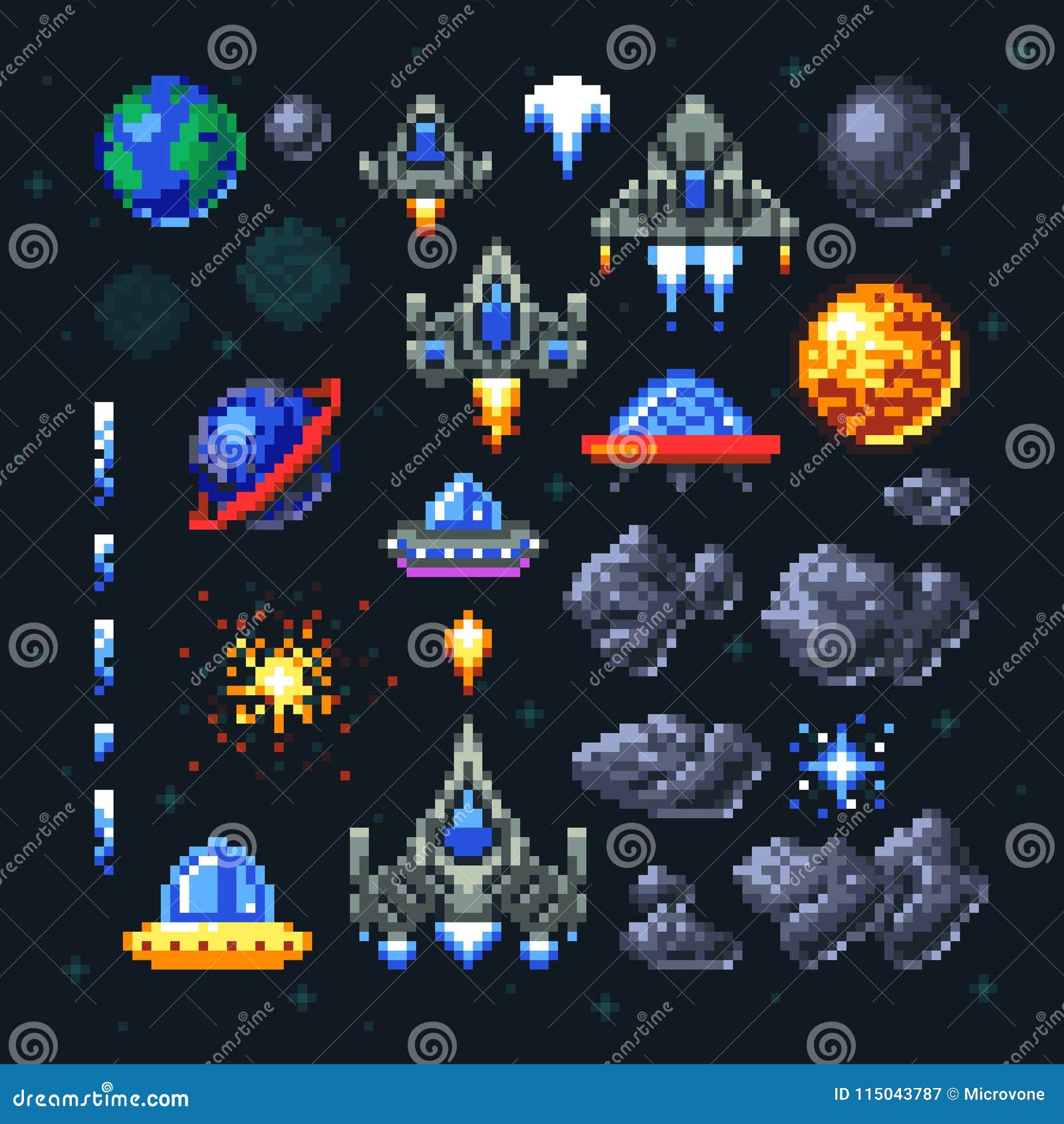 Estilo de arte pixel antigo ufo jogo de guerra espacial. monstros