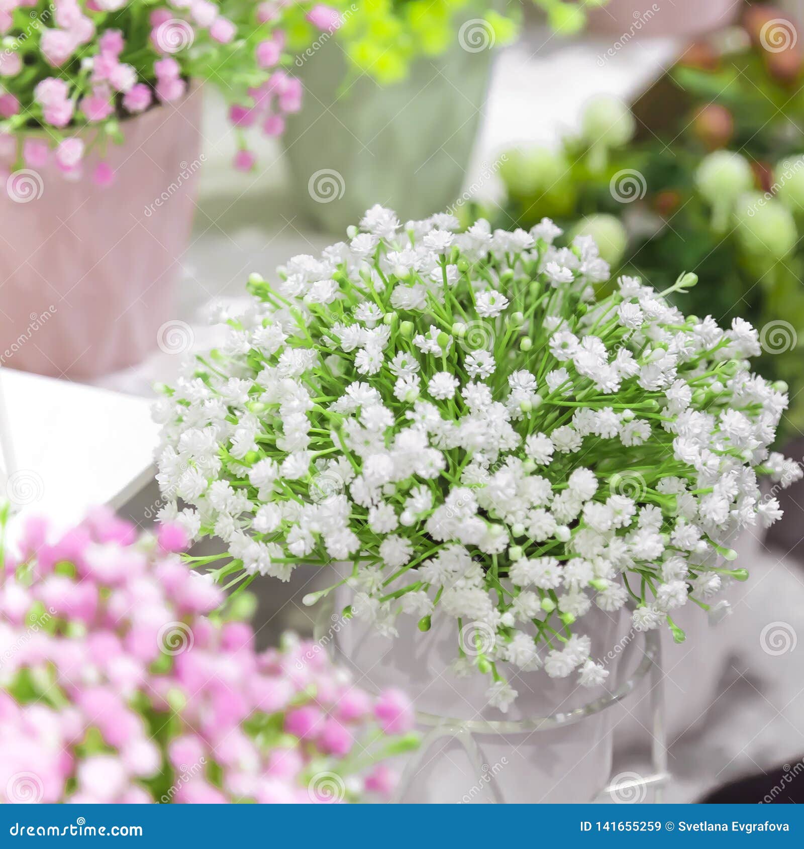 Elements and Details of Garden and Home Decor and Interior. Artificial  Plants Small Flowers of White and Pink Color Stock Image - Image of flora,  floral: 141655259