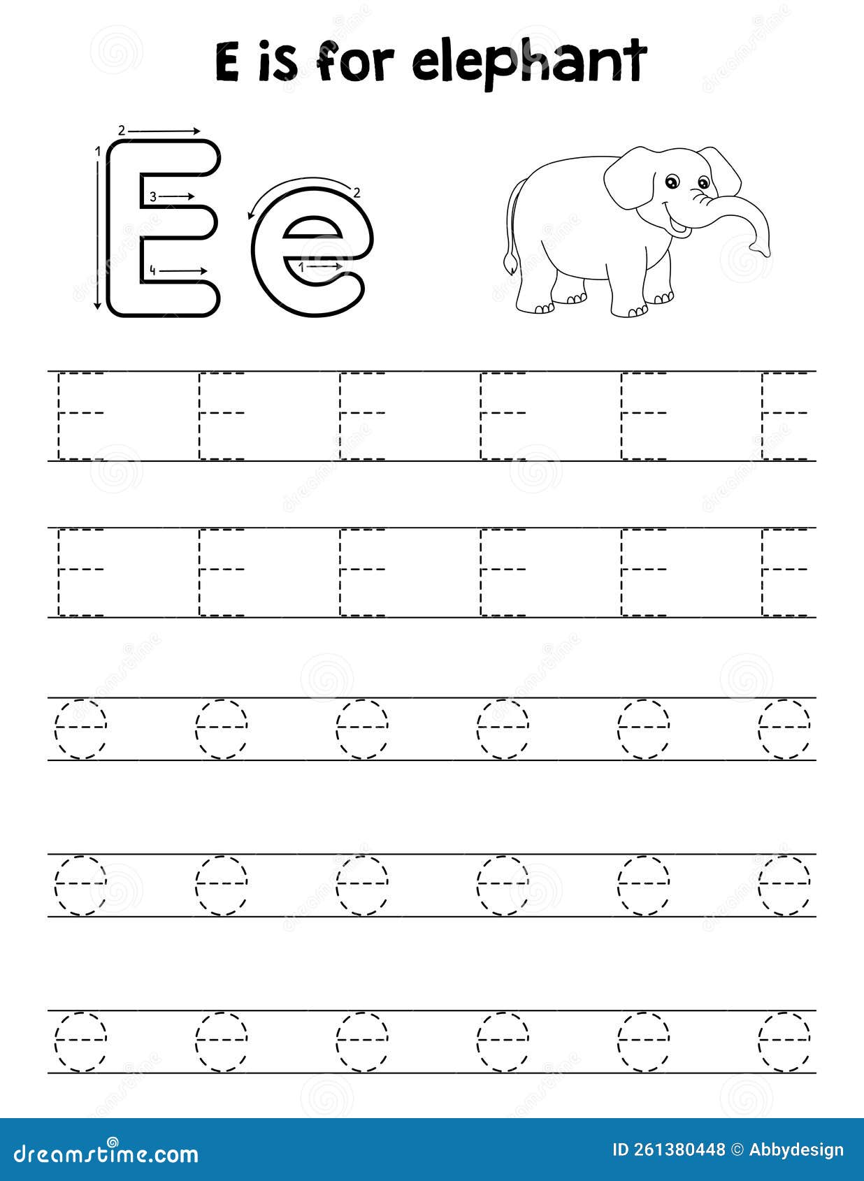 Elephant Animal Tracing Letter ABC Coloring Page E Stock Vector