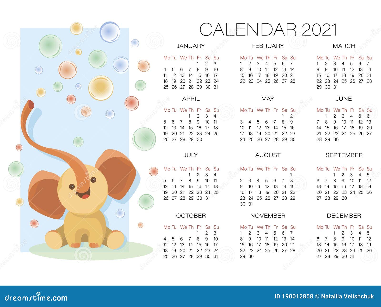 Elephant Baby Calendar 2021 Vector Cartoon Character Cute Elephant On A Background Of The Bubbles Stock Vector Illustration Of Page Bright 190012858 baby elephant calendar 2021