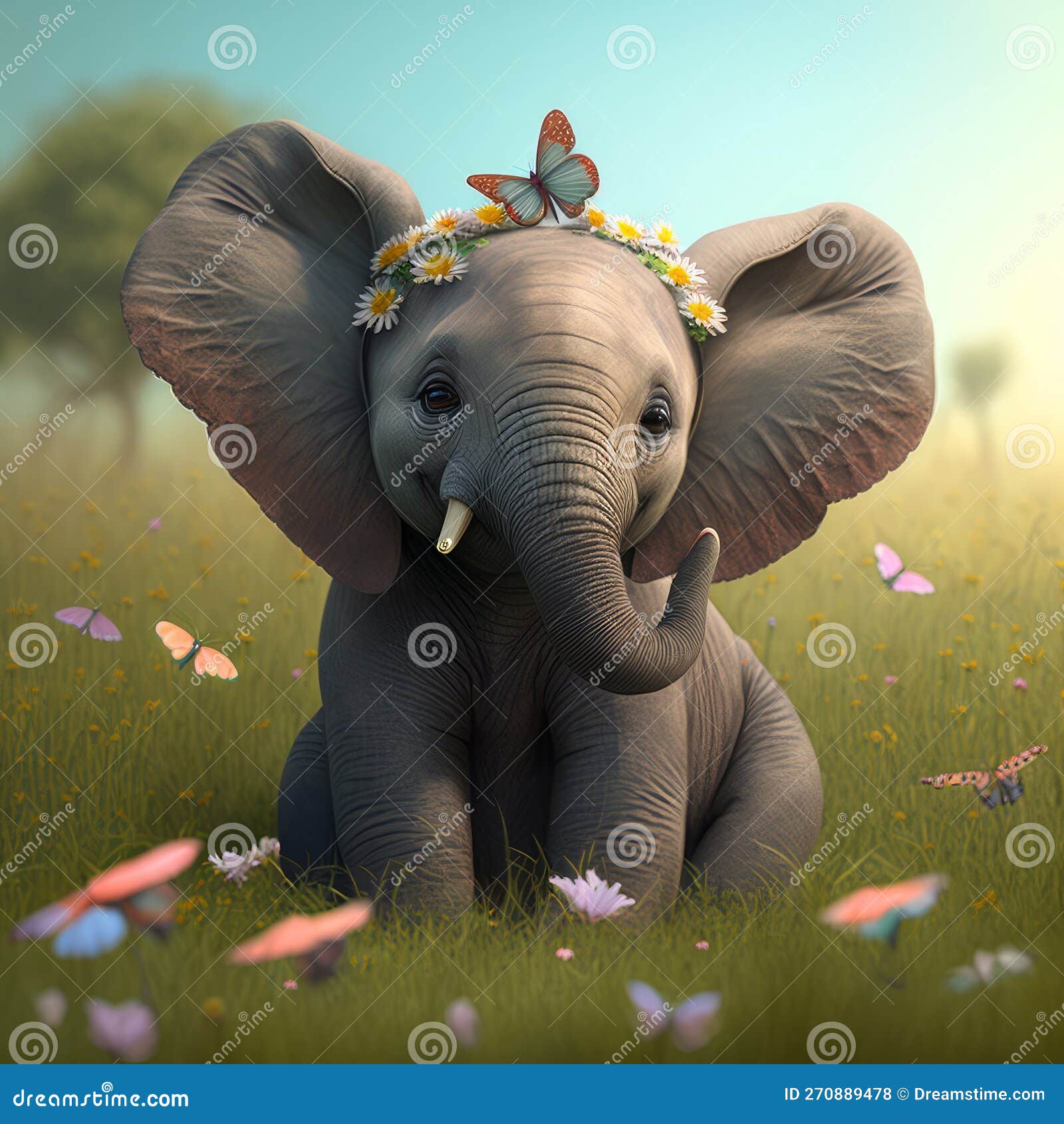 Elephant Baby in the Meadow with Butterflies. Generative AI Stock