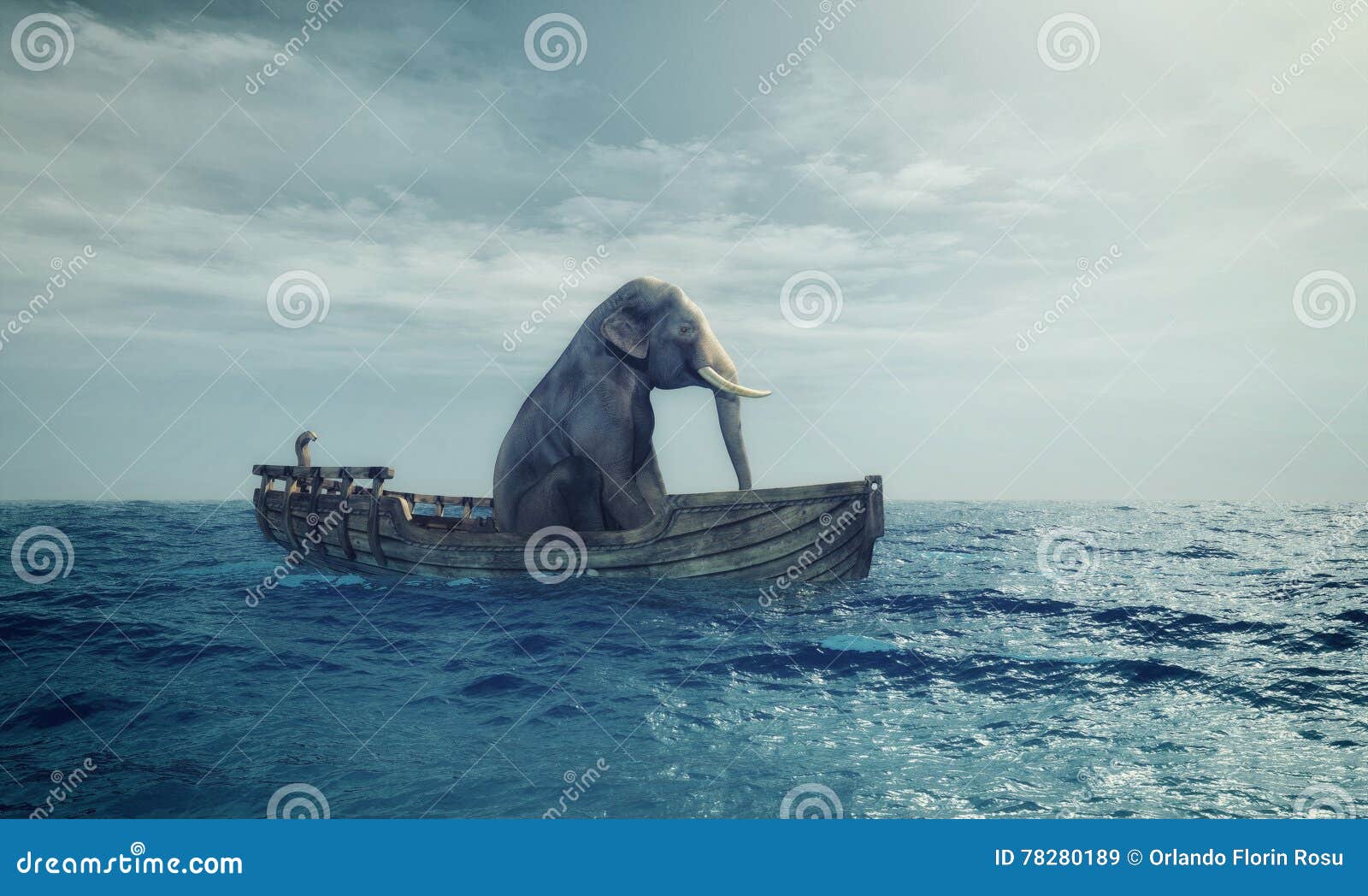 Elephant in a boat at sea. stock illustration. Illustration of discover