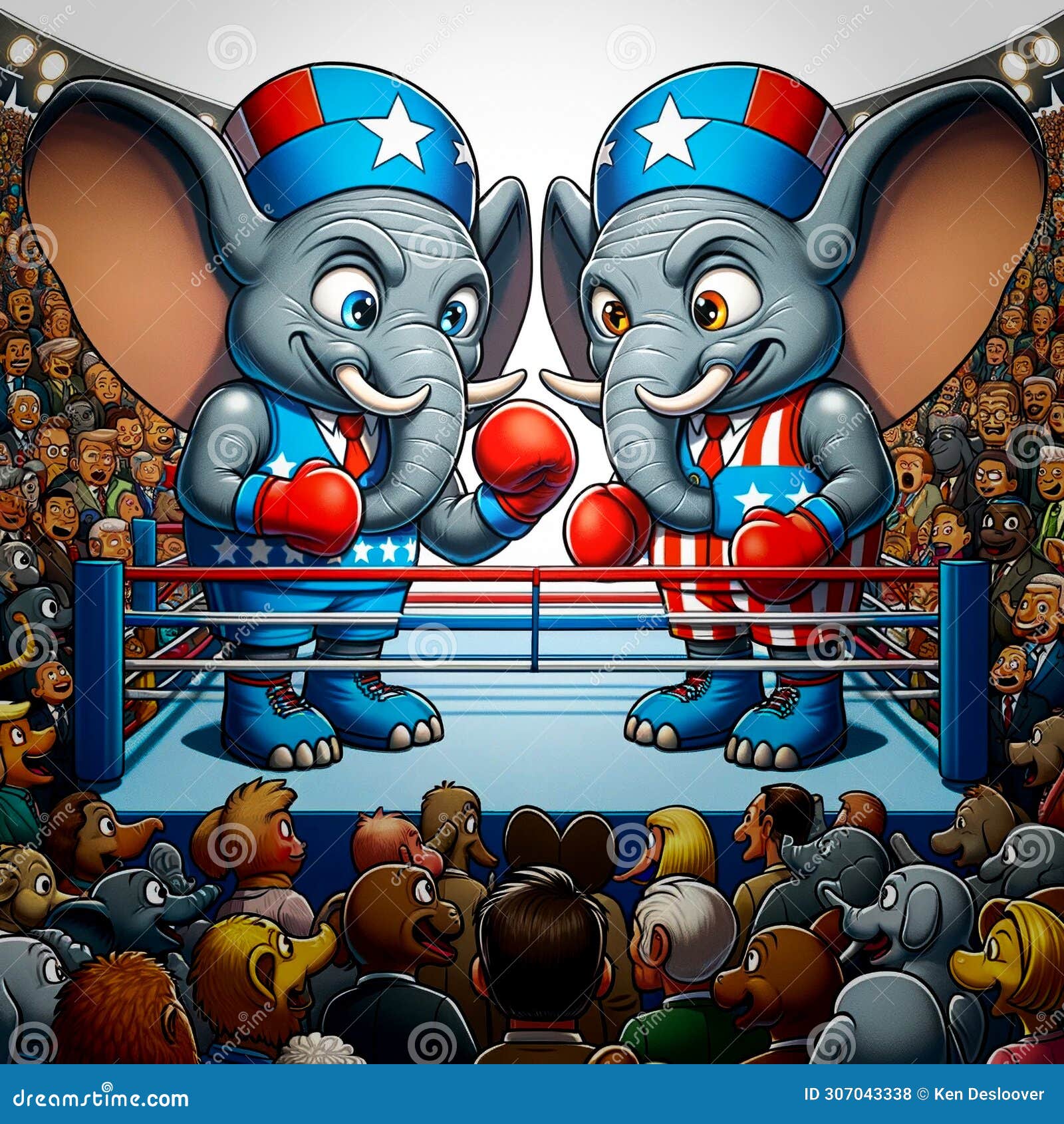 elephant mascots for the republican party facing off in battle for primary, caucus or policy issues in american politics