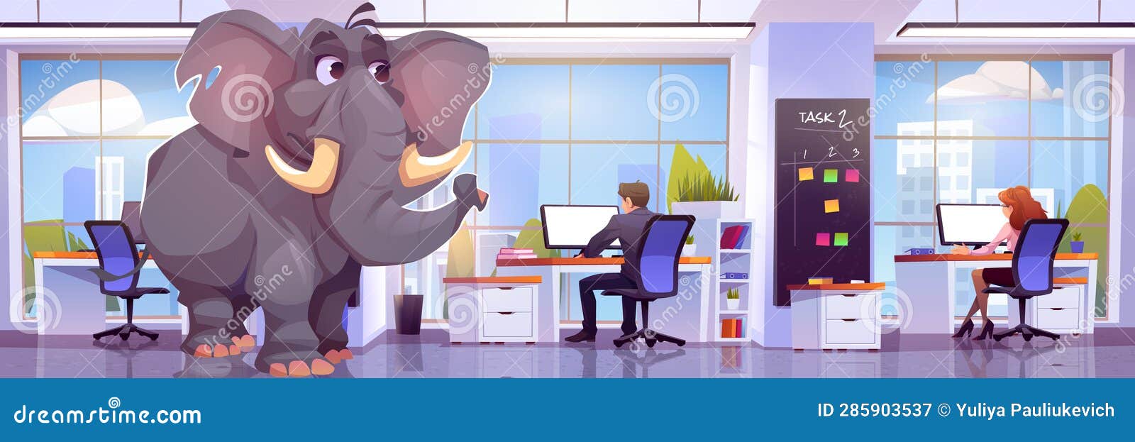 Elephant Near Worker Desk in Office Room Vector Stock Illustration