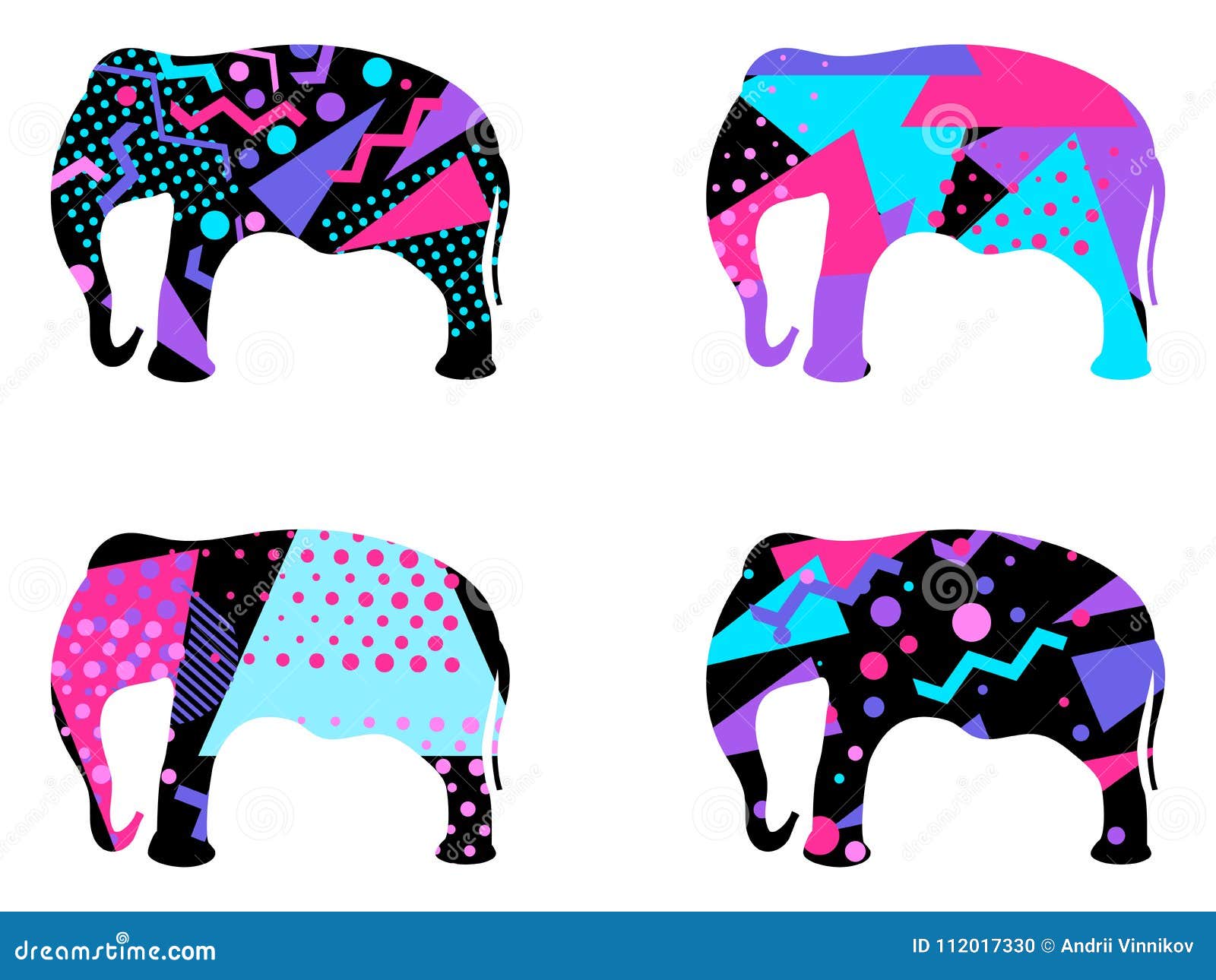 elephant with a pattern of geometric s, memphis style. 