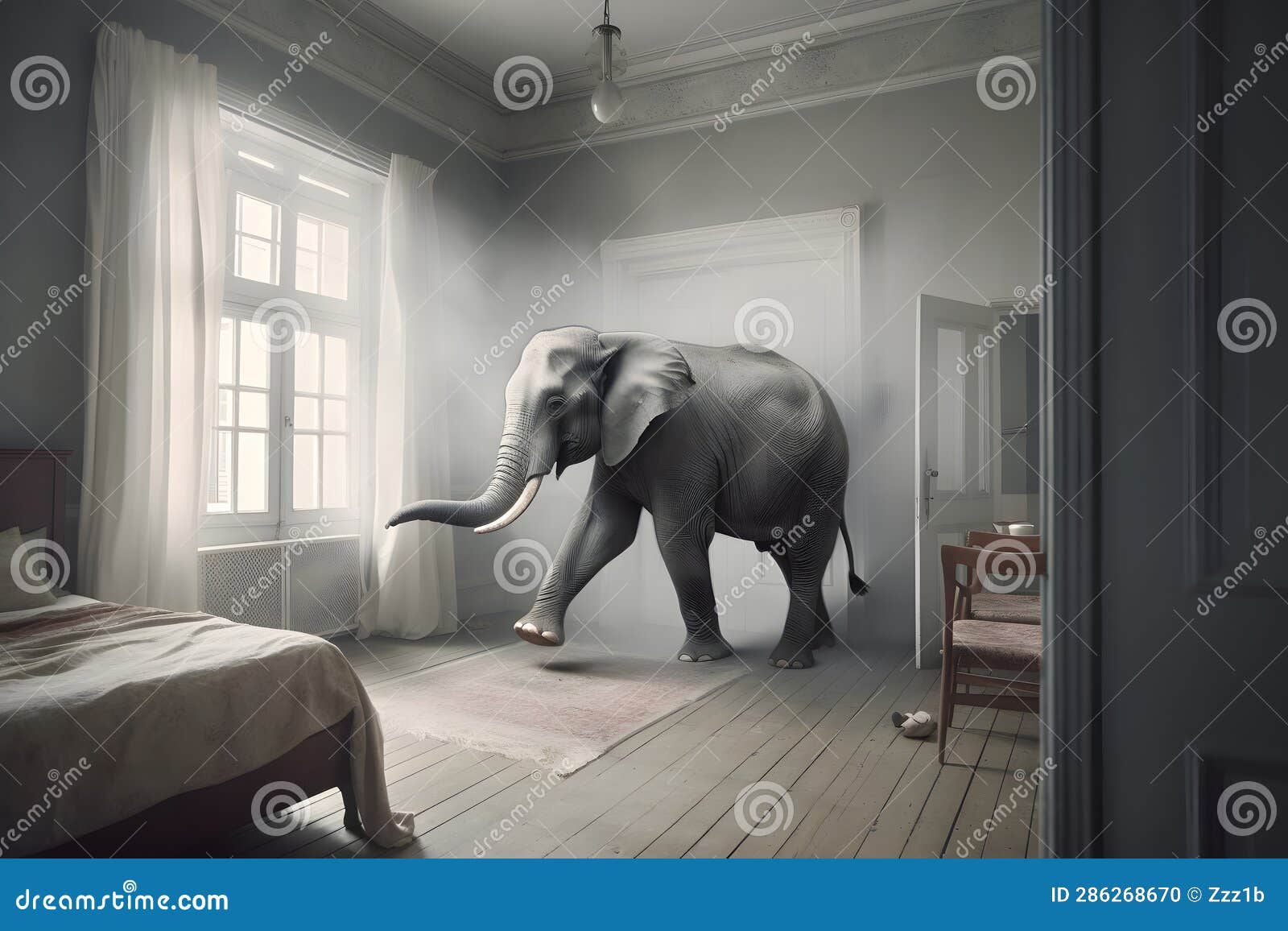 elephant in the room, neural network generated photorealistic image