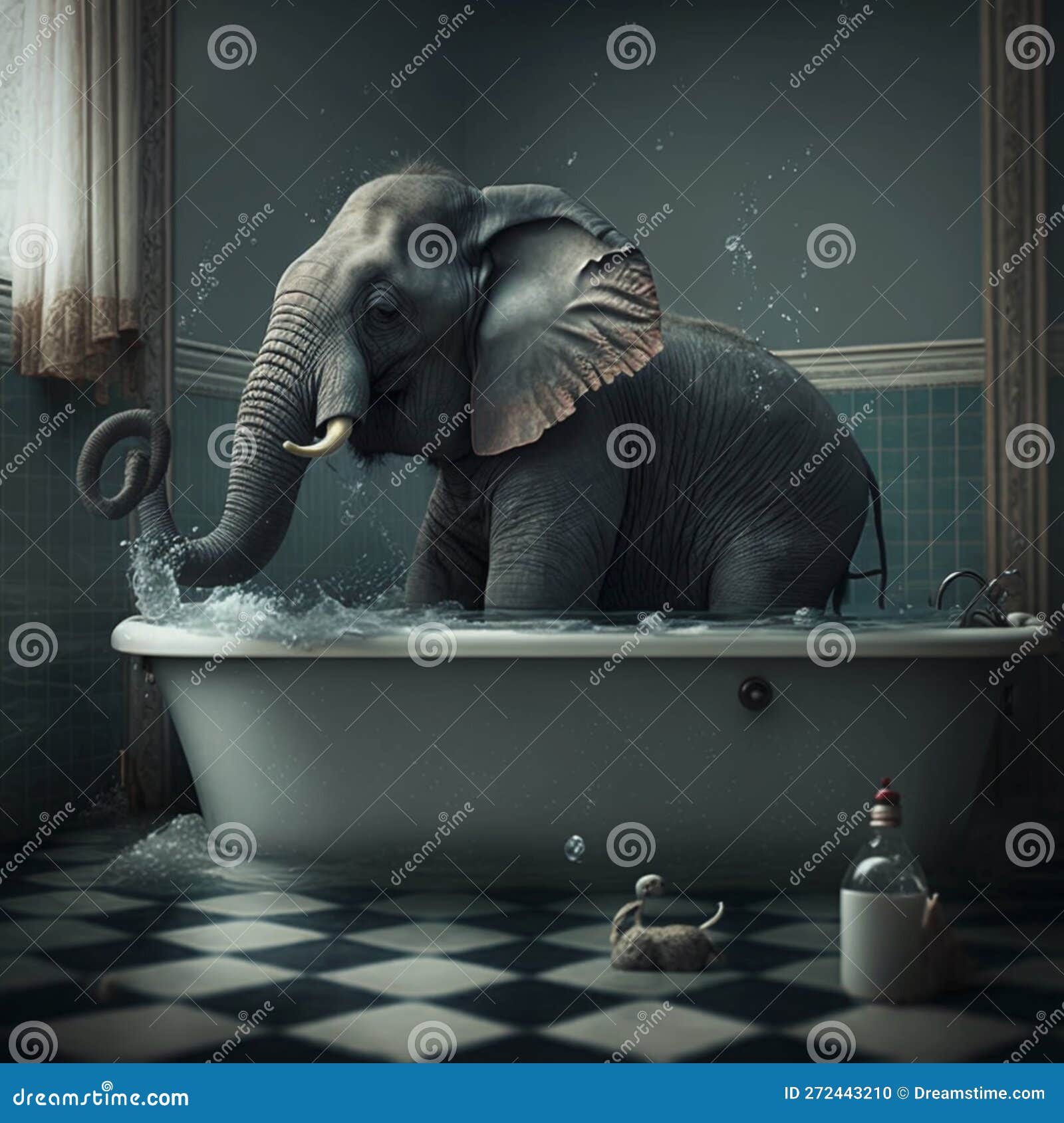 Elephant Taking a Bath in a Bathtub Ai, Generative Stock Illustration