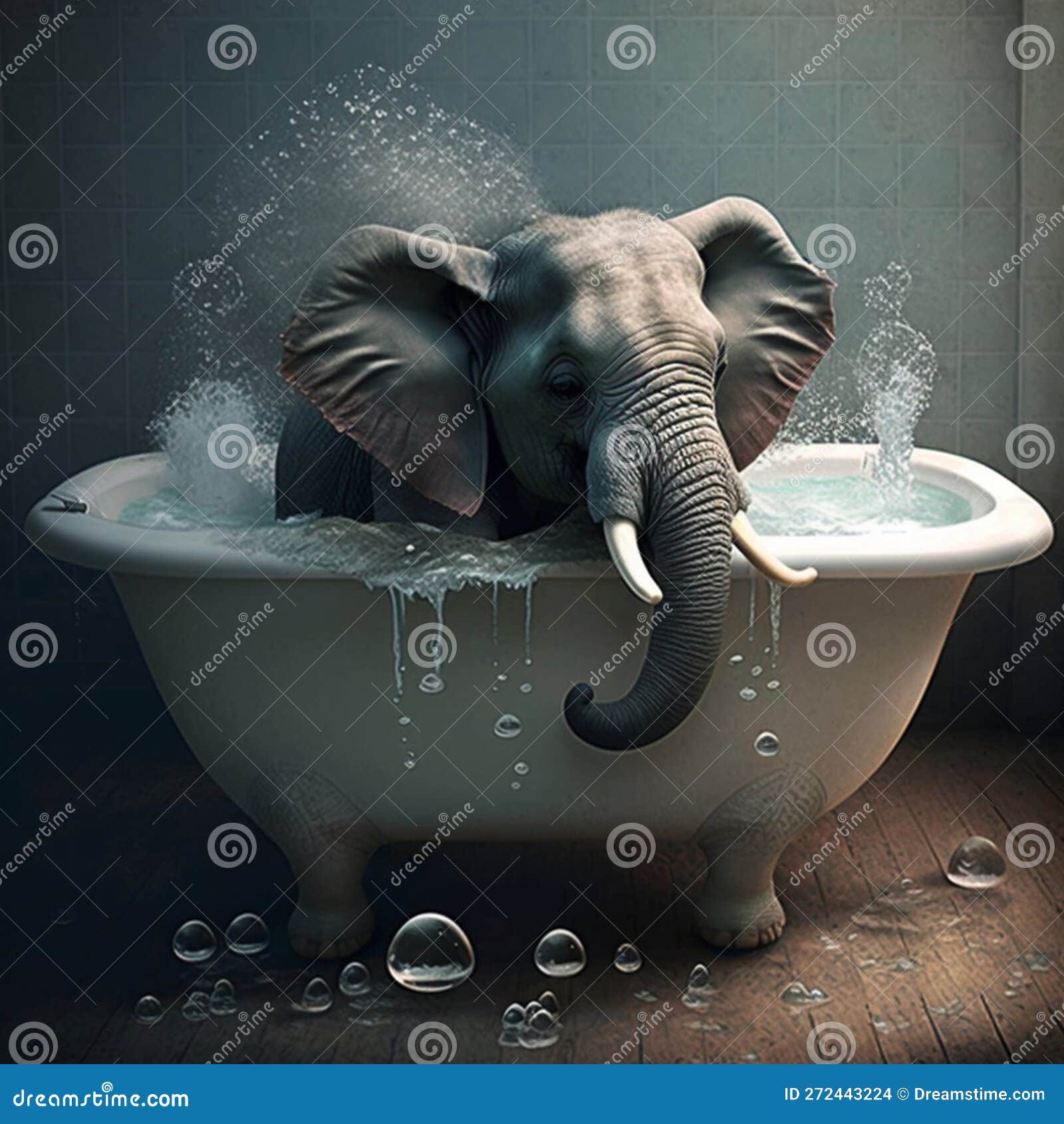 Elephant Taking a Bath in a Bathtub Ai, Generative Stock Illustration