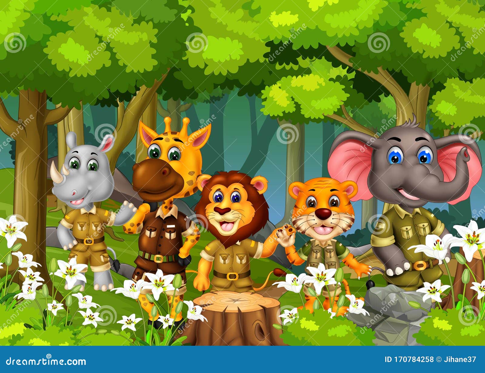 Elephant, Tiger, Lion, Giraffe, and Rhinoceros in Tropical Forest with Trees and White Flower Cartoon Stock Illustration - Illustration of graphic, colourful: 170784258 Elephant, Tiger, Lion, Giraffe, and Rhinoceros in Tropical Forest with Trees and White Flower Cartoon Stock Illustration - Illustration of graphic, colourful: 170784258
