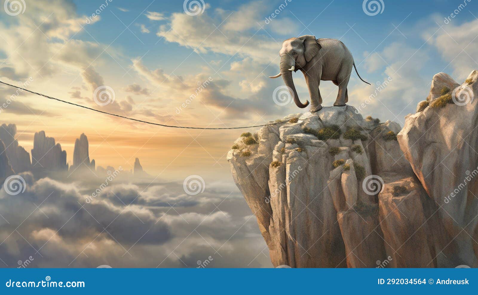 an elephant walking on rope high in sky, idea of achieving balance and stability even in challenging or precarious situations