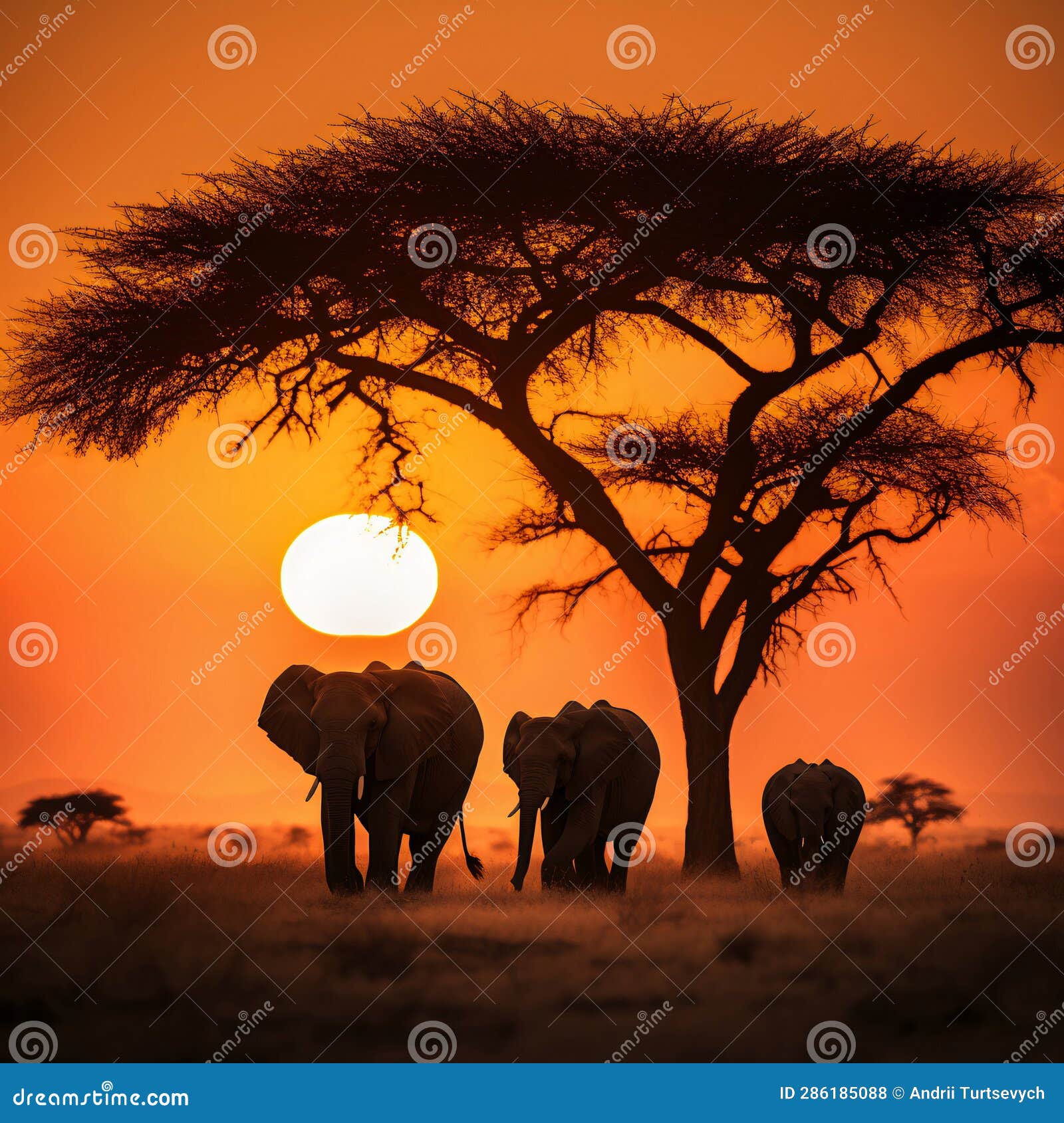 Elephants Walking in the Savanna at Sunset (AI Generated) Stock Photo