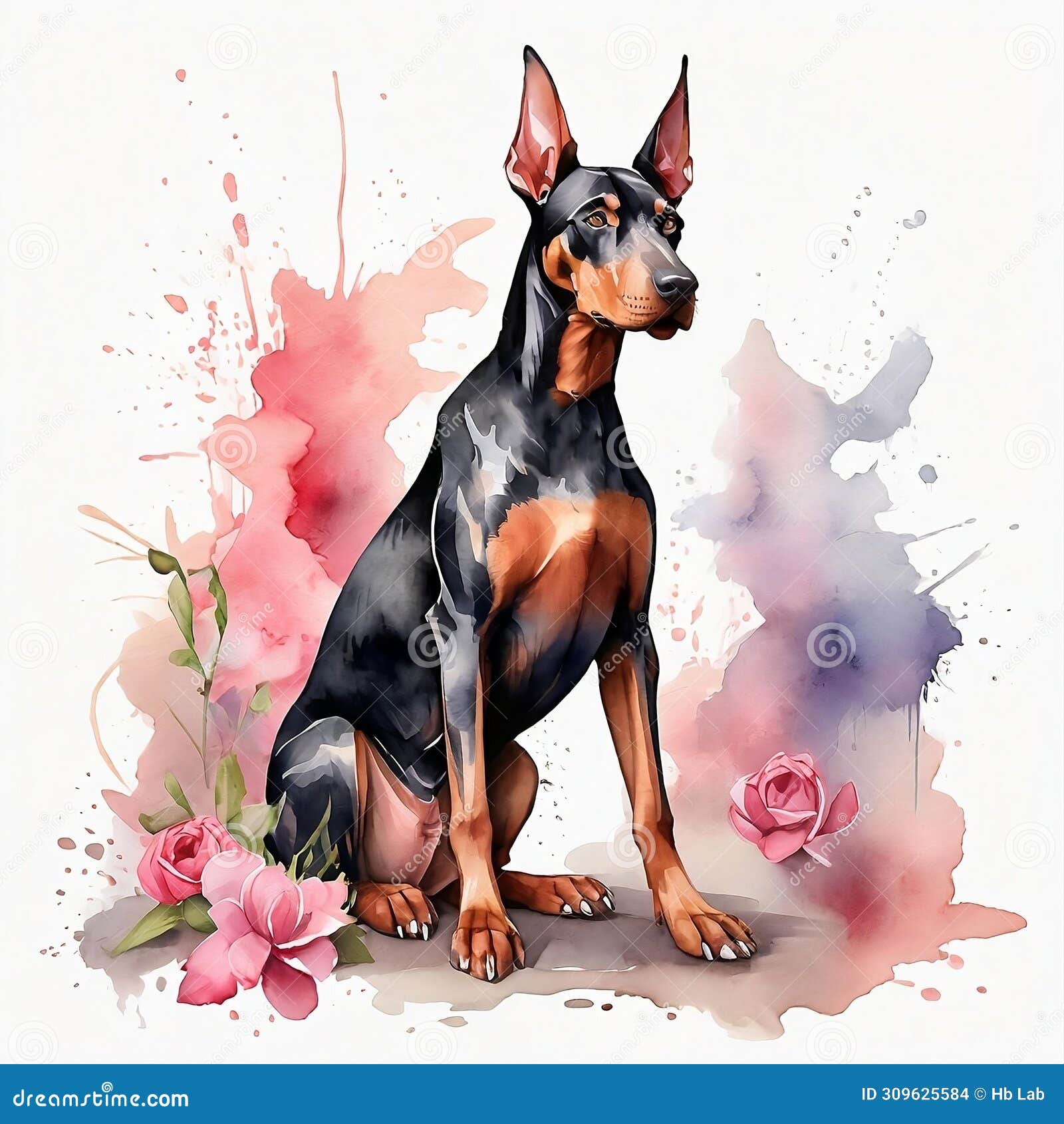 watercolor doberman clipart, aquarela style, with flowers, colorfully pink. generative ai