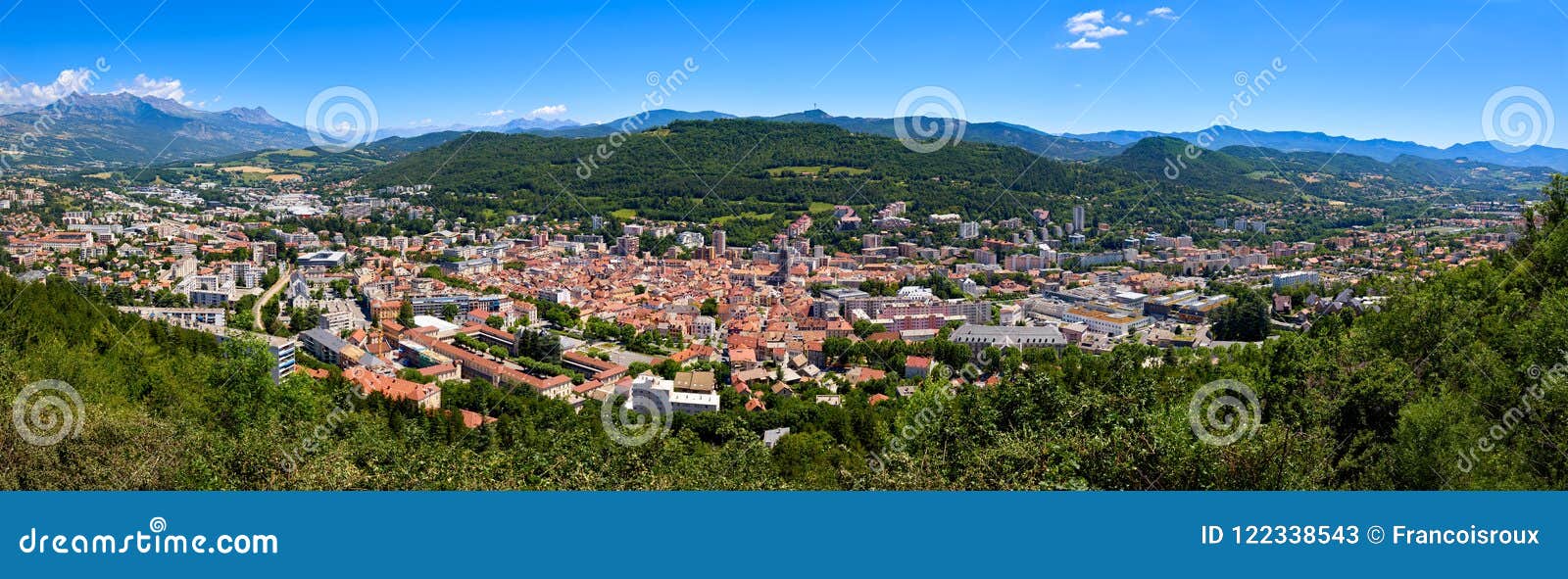 elevated panoramic view of the city of gap in the hautes-alpes in summer. alps, france