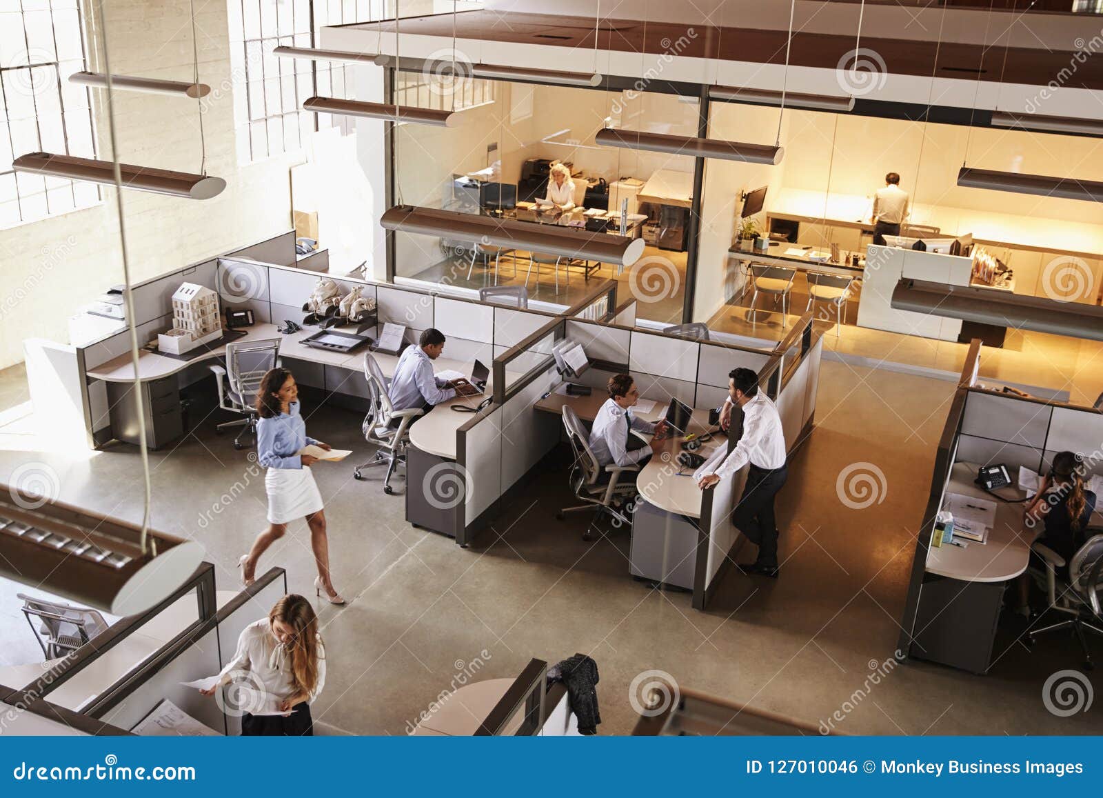 elevated view of a busy open plan office