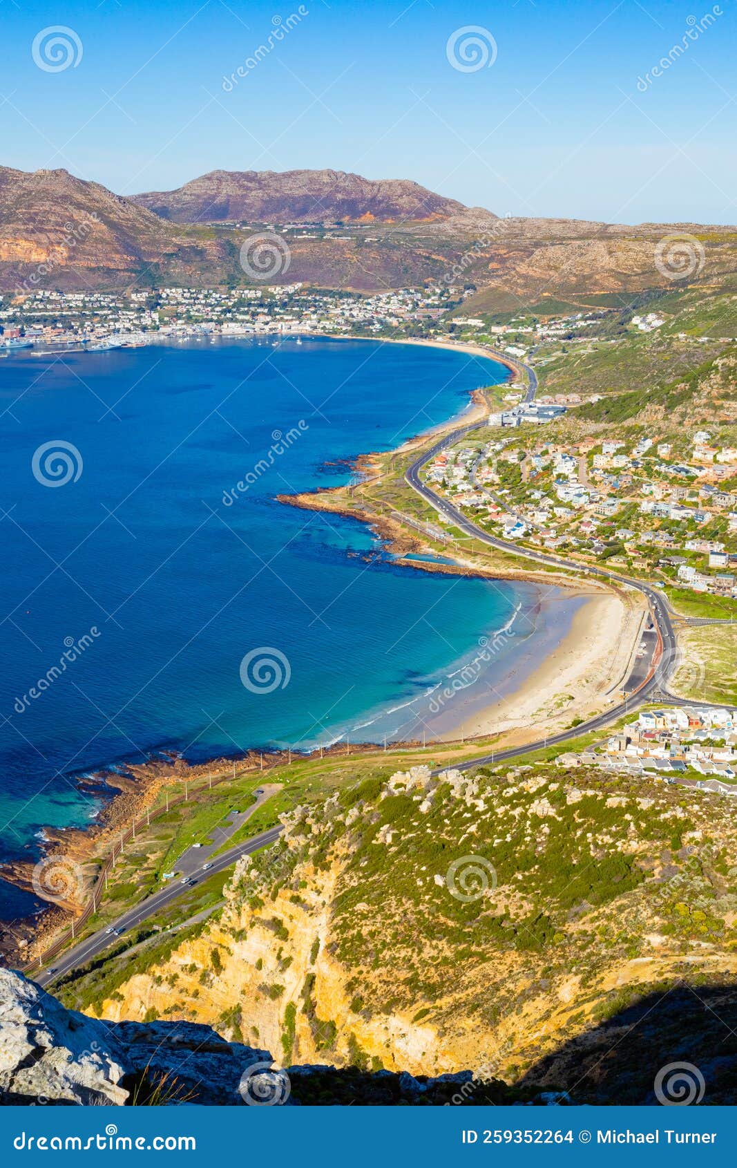Elevated View Of Glencairn Beach And Simon`s Town In Cape Town Stock