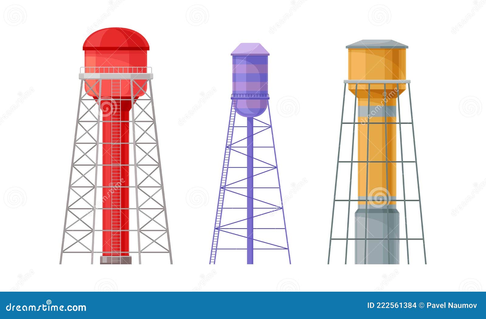 Elevated Water Tower Or Tank Made Of Metal For Storing Water Vector Set ...
