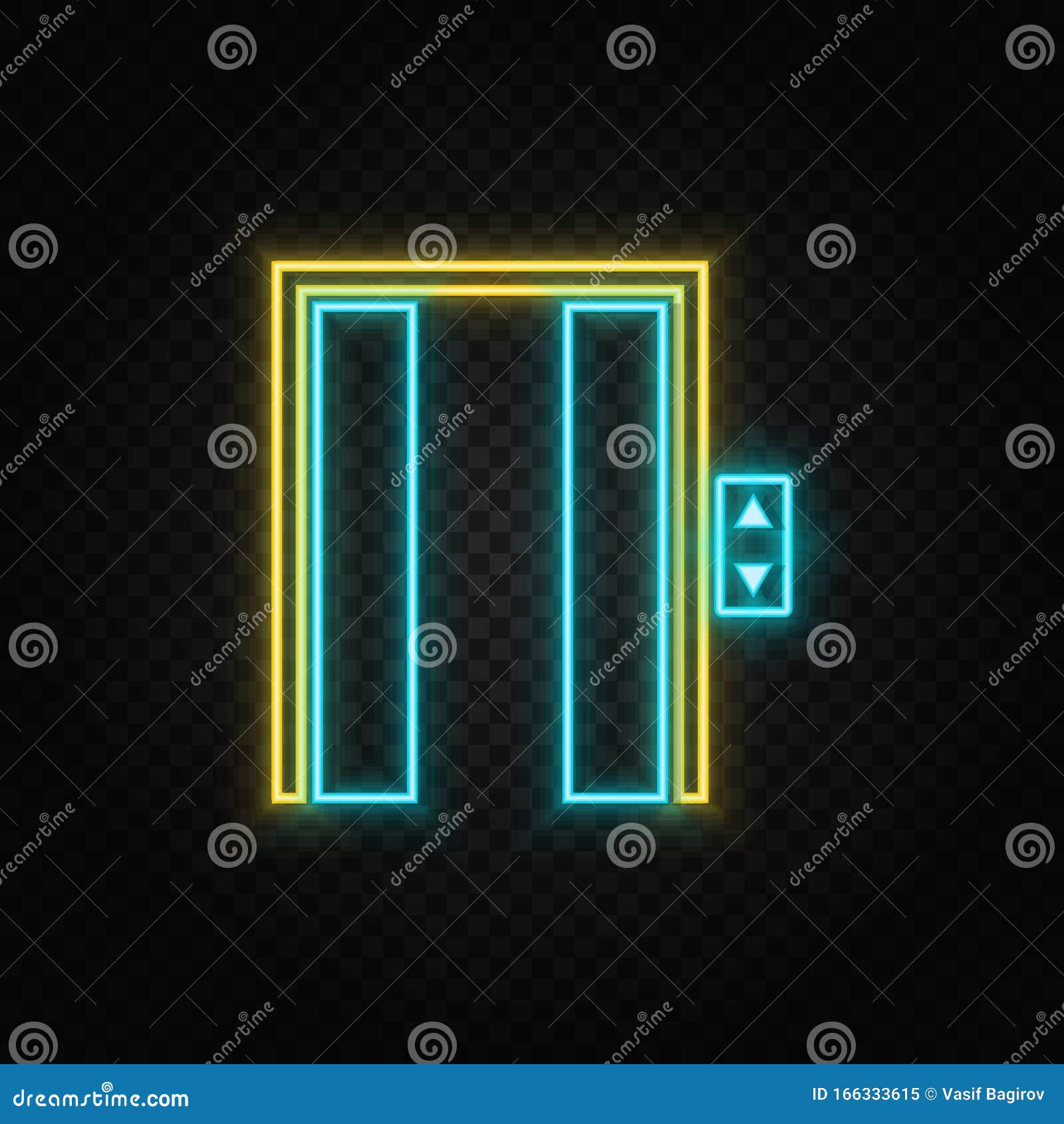 Elevator Open, Icon Neon Icon. Blue And Yellow Neon Vector Icon Stock